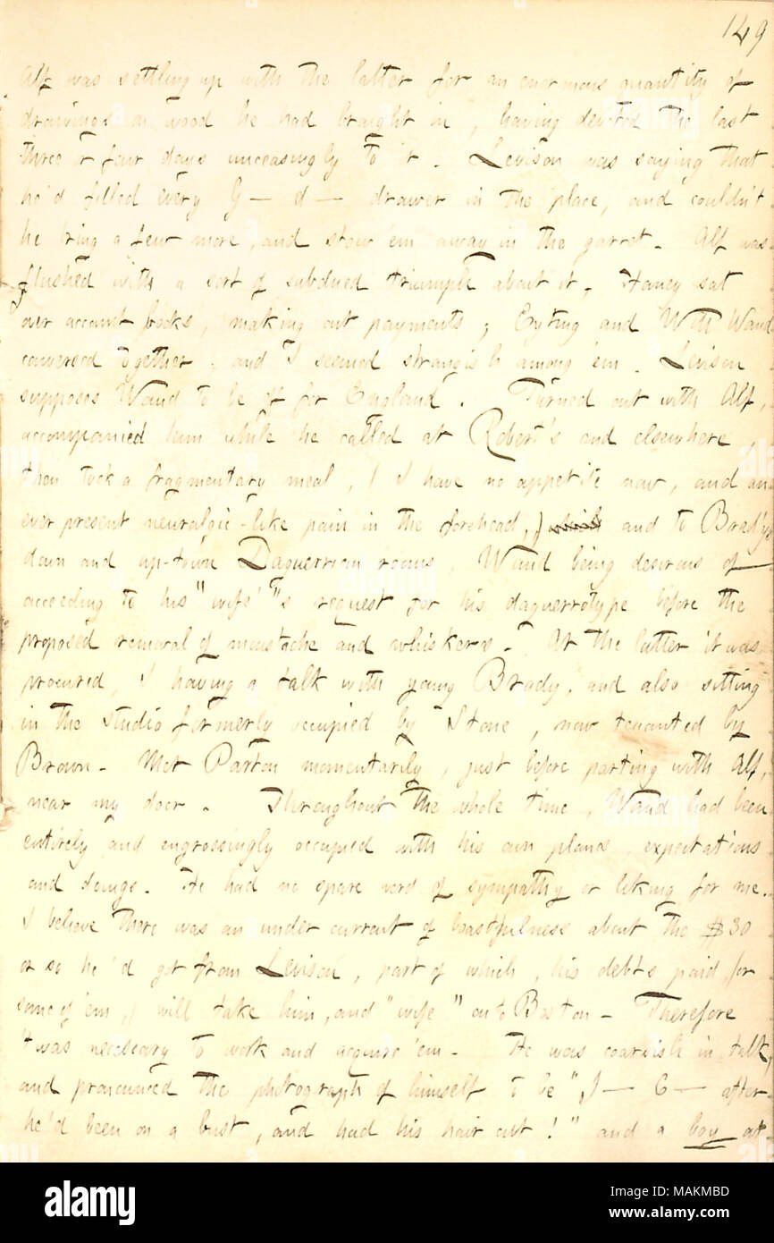 Describes going with Alf Waud to Matthew Brady's to get Waud's daguerreotype taken.  Transcription: Alf [Waud] was settling up with the latter [William Levison] for an enormous quantity of drawings on wood he had brought in, having devoted the last three or four days unceasingly to it. Levison was saying that he ?d filled every G ? d ? drawer in the place, and couldn't he bring a few more, and stow 'em away in the garret. Alf was flushed with a sort of subdued triumph about it. [Jesse] Haney sat over account books, making out payments; [Sol] Eyting and Will Waud conversed together; and I seeme Stock Photo
