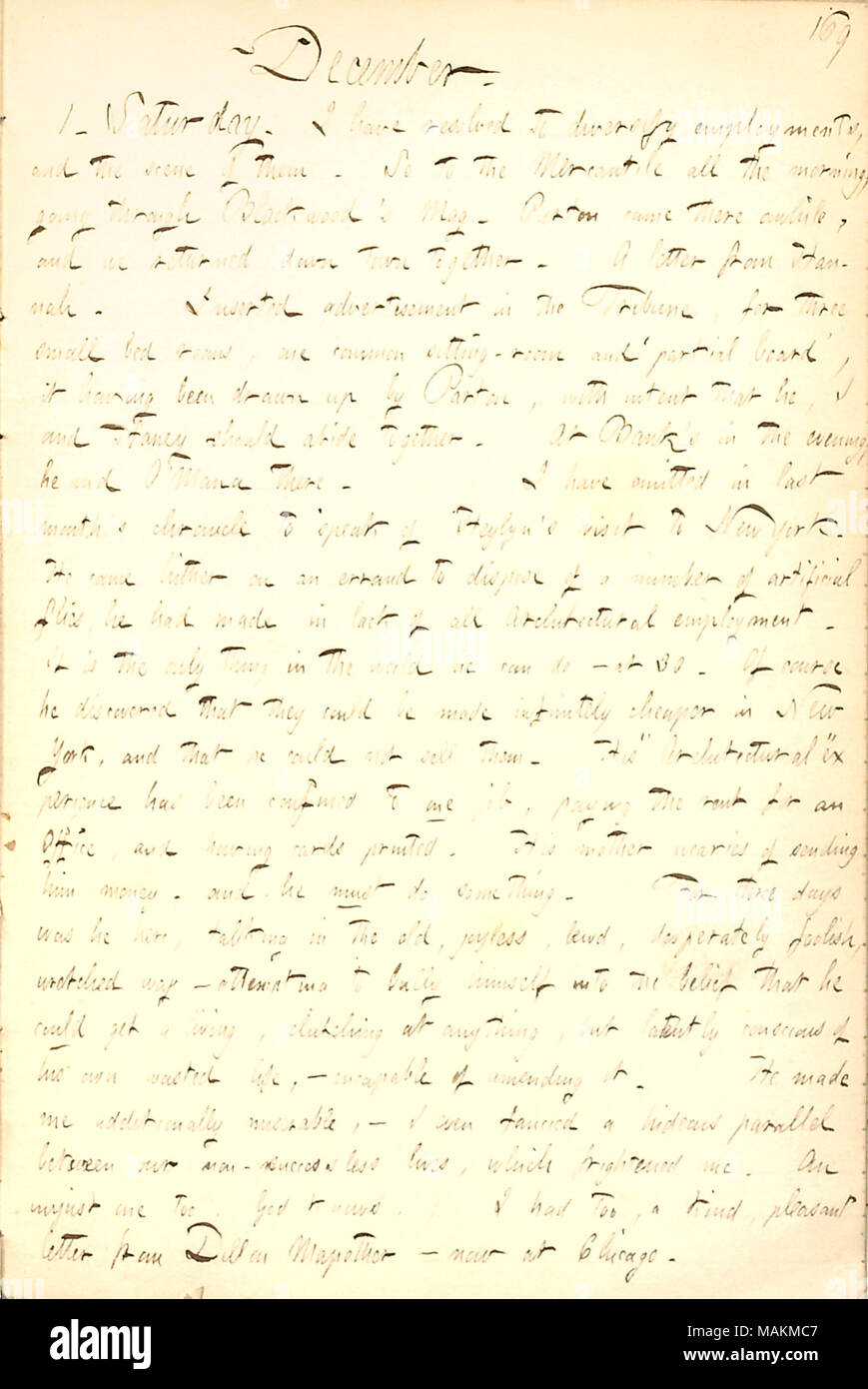 Describes a visit of Edward Heylyn to New York to try to sell artificial flies he made.  Transcription: December. 1. Saturday. I have resolved to diversify employments, and the scene of them. So to the Mercantile all the morning, going through Blackwood ?s Mag. [James] Parton came there awhile, and we returned down town together. A letter from Hannah [Bennett]. Inserted advertisement in the Tribune, for three small bed rooms, one common sitting-room and partial board, it having been drawn up by Parton, with intent that he, I and [Jesse] Haney should abide together. At [A.F.] Bank ?s in the eve Stock Photo