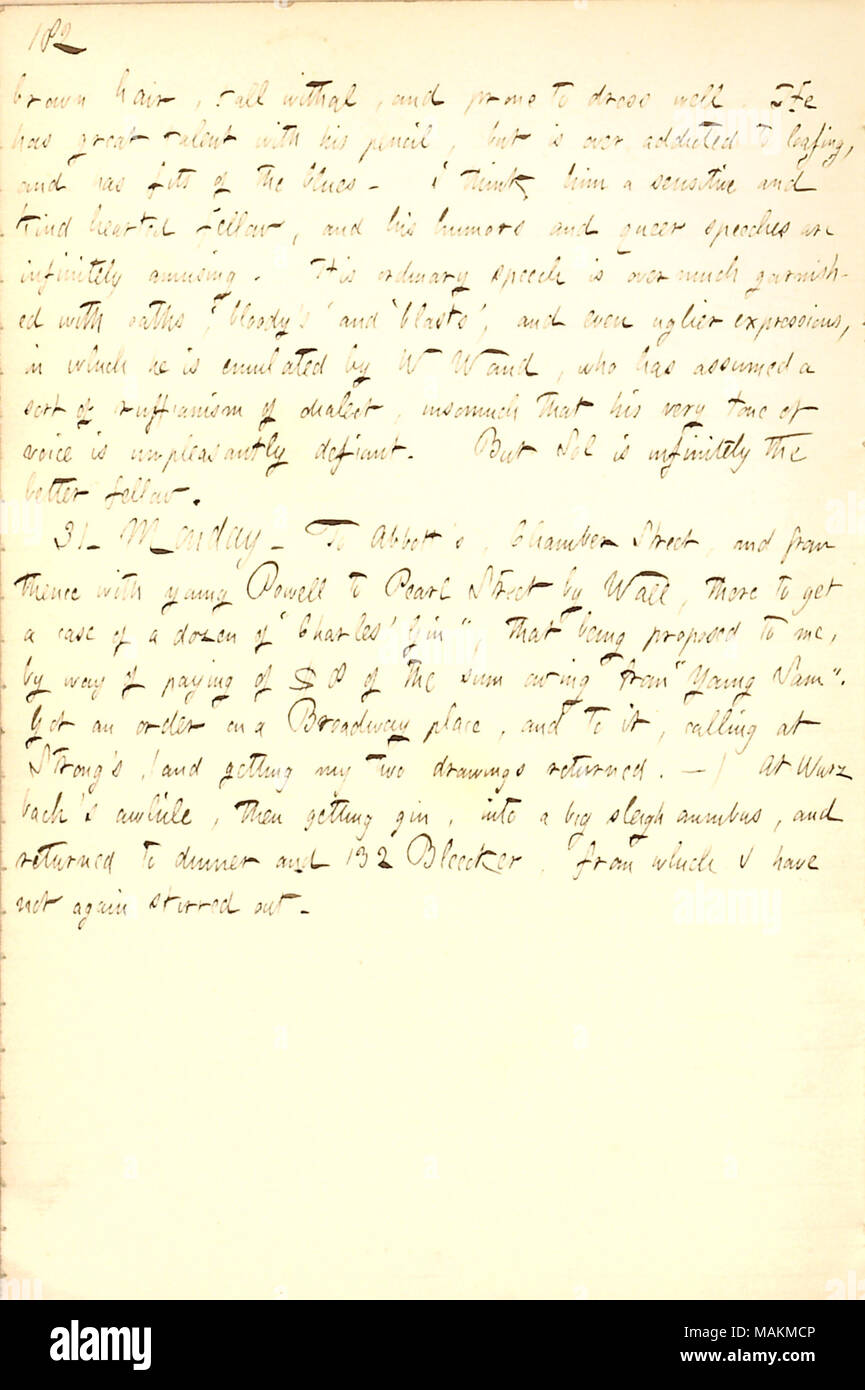 Gives his thoughts on Sol Eytinge.  Transcription: brown hair, tall withal, and prone to dress well. He [Solomon Eytinge] has great talent with his pencil, but is over addicted to loafing, and has fits of the blues. I think him a sensitive and kind hearted fellow, and his humors and queer speeches are infinitely amusing. His ordinary speech is overmuch garnished with oaths,  ?bloody ?s ? and  ?blasts ?, and even uglier expressions, in which he is emulated by W Waud, who has assumed a sort of ruffianism of dialect, insomuch that his very tone of voice is unpleasantly defiant. But Sol is infinit Stock Photo