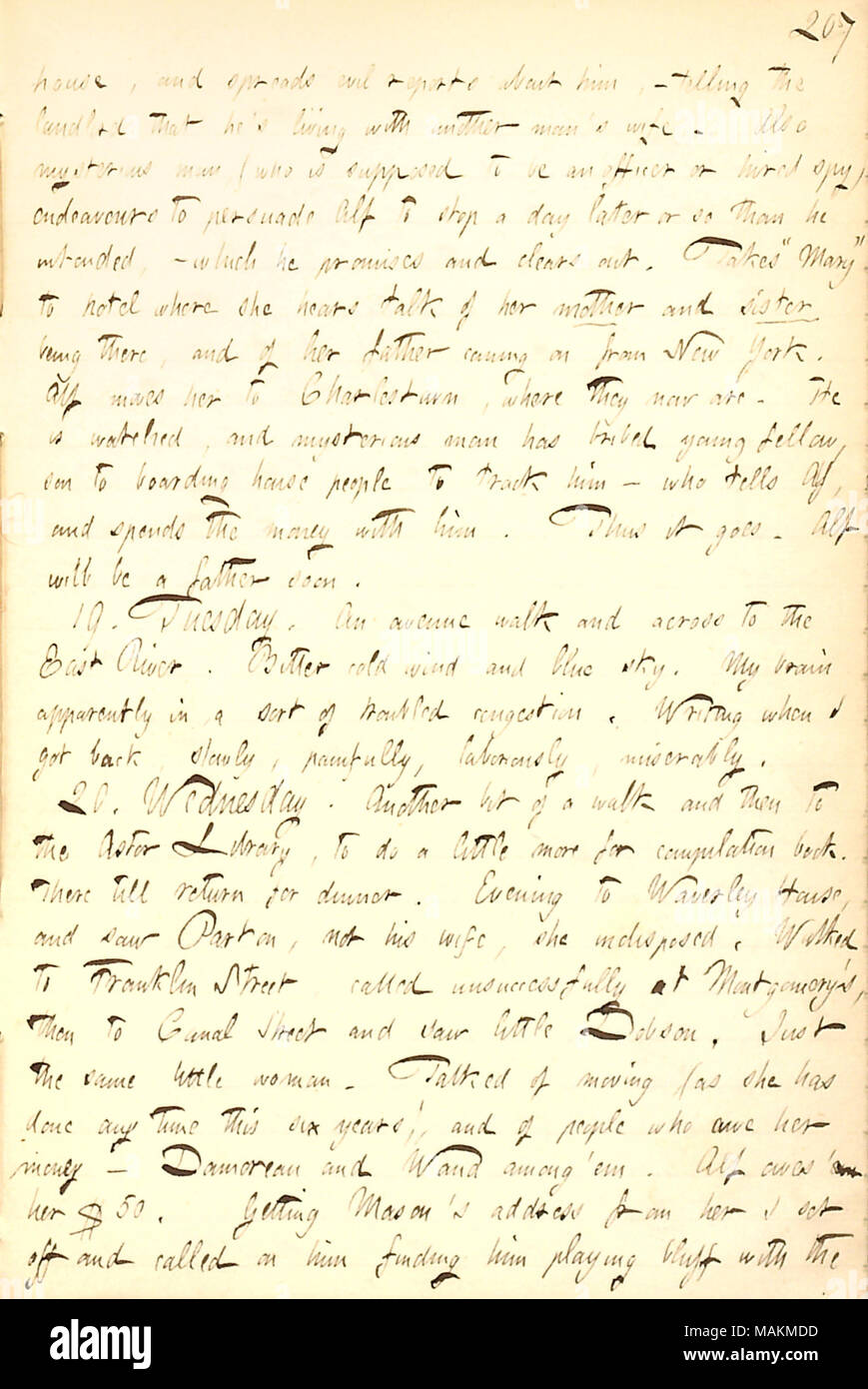 Describes a letter from Alf Waud describing the pursuit of himself and Mary by her parents in Boston.  Transcription: house, and spreads evil reports about him [Alf Waud],  ? telling the landlord that he ?s living with another man ?s [Albert Brainard ?s] wife [Mary Brainard]. Also mysterious man, (who is supposed to be an officer or hired spy) endeavours to persuade Alf to stop a day later or so than he intended,  ? which he promises and clears out. Takes ?ǣMary ? to hotel where she hears talk of her mother [Celina Jewell] and sister being there, and of her father [Charles Jewell] coming on fr Stock Photo