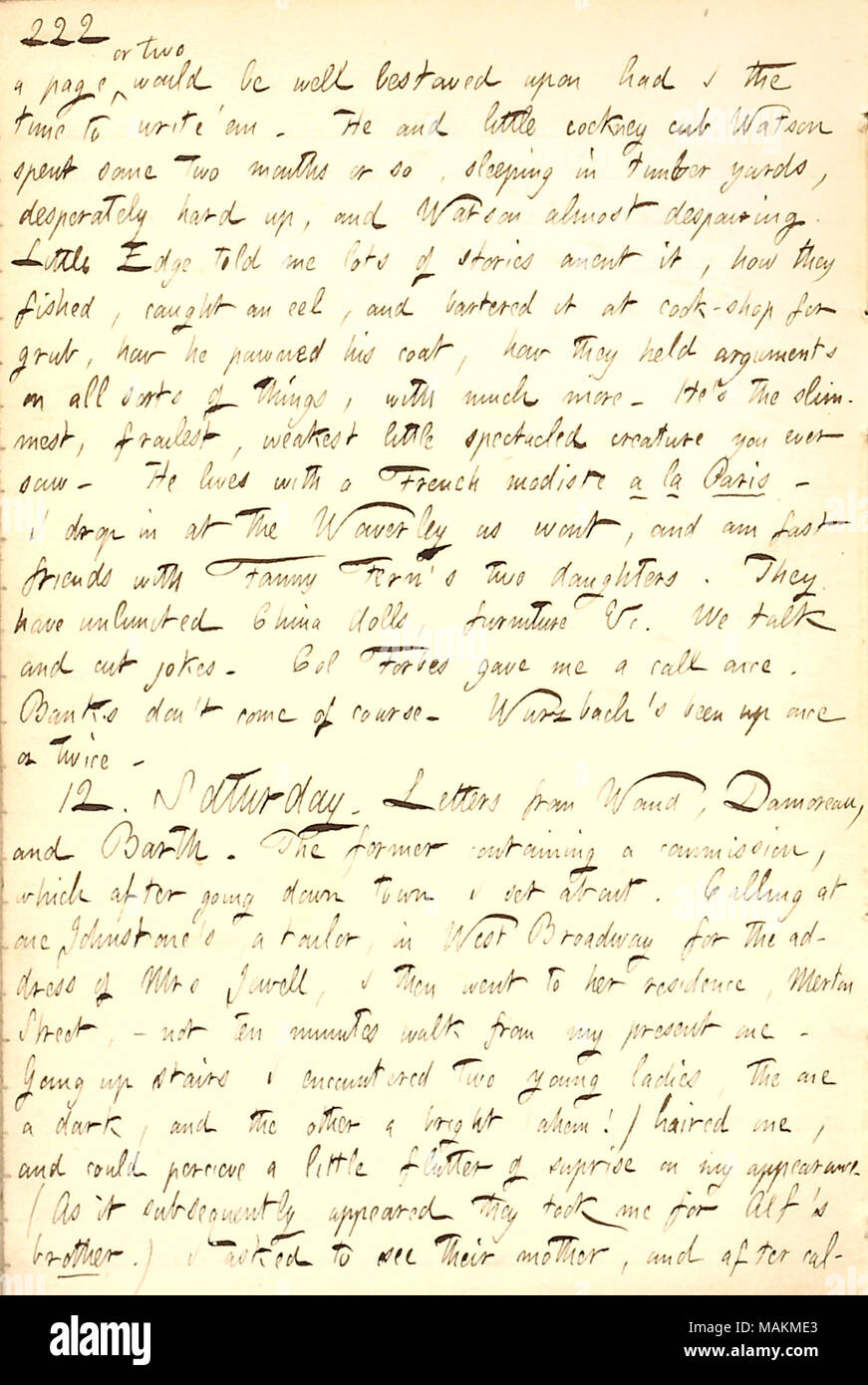 Describes a visit to the Jewell family on Merton Street at Alf Waud's request.  Transcription: a page or two would be well bestowed upon had I the time to write 'em. He [Frederick Edge] and little cockney cub [Frederick] Watson spent some two months or so, sleeping in timber yards, desperately hard up, and Watson almost despairing. Little Edge told me lots of stories anent it, how they fished, caught an eel, and bartered it at cook-shop for grub, how he pawned his coat, how they held arguments on all sorts of things, with much more. He's the slimmest, frailest, weakest little spectacled creatu Stock Photo