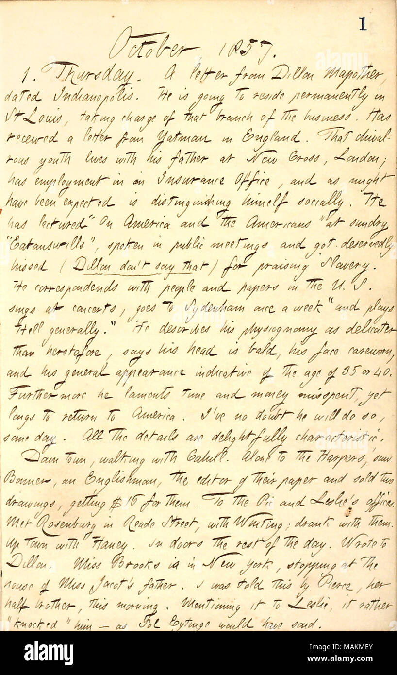 Describes a letter from Dillon Mapother, updating him on Mr. Yatman's  activities in England. Transcription: October, 1857. 1. Thursday. A letter  from Dillon Mapother, dated Indianapolis. He is going to reside permanently