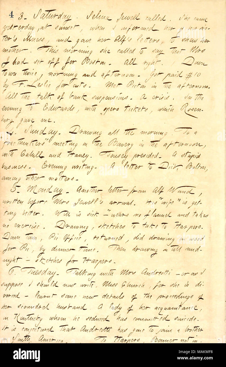 Mentions attending a free thinkers meeting in the Bowery, and a letter from  Alf Waud regarding his wife's illness. Transcription: 3. Saturday. Selina  Jewell called. She came yesterday, at sunset, when I