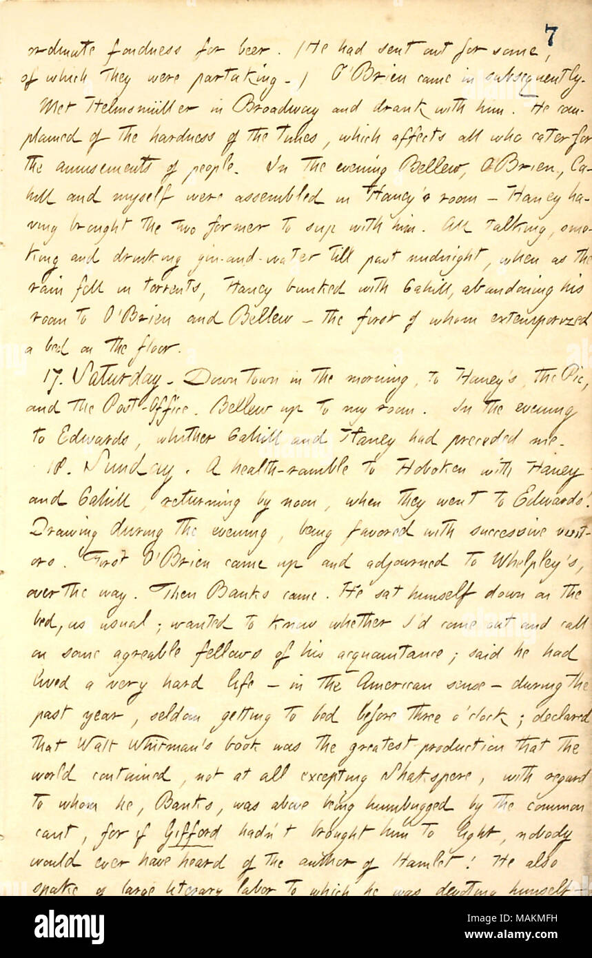 Describes a visit from A.F. Banks.  Transcription: ordinate fondness for beer. (He [Mortimer Thomson] had sent out for some, of which they were partaking.) [Fitz James] O ?Brien came in subsequently. Met Helmsmuller in Broadway and drank with him. He complained of the hardness of the times, which affects all who cater for the amusements of people. In the evening [Frank] Bellew, O ?Brien, [Frank] Cahill and myself were assembled in [Jesse] Haney ?s room  ? Haney having brought the two former to sup with him. All talking, smoking and drinking gin-and-water till past midnight, when as the rain fe Stock Photo