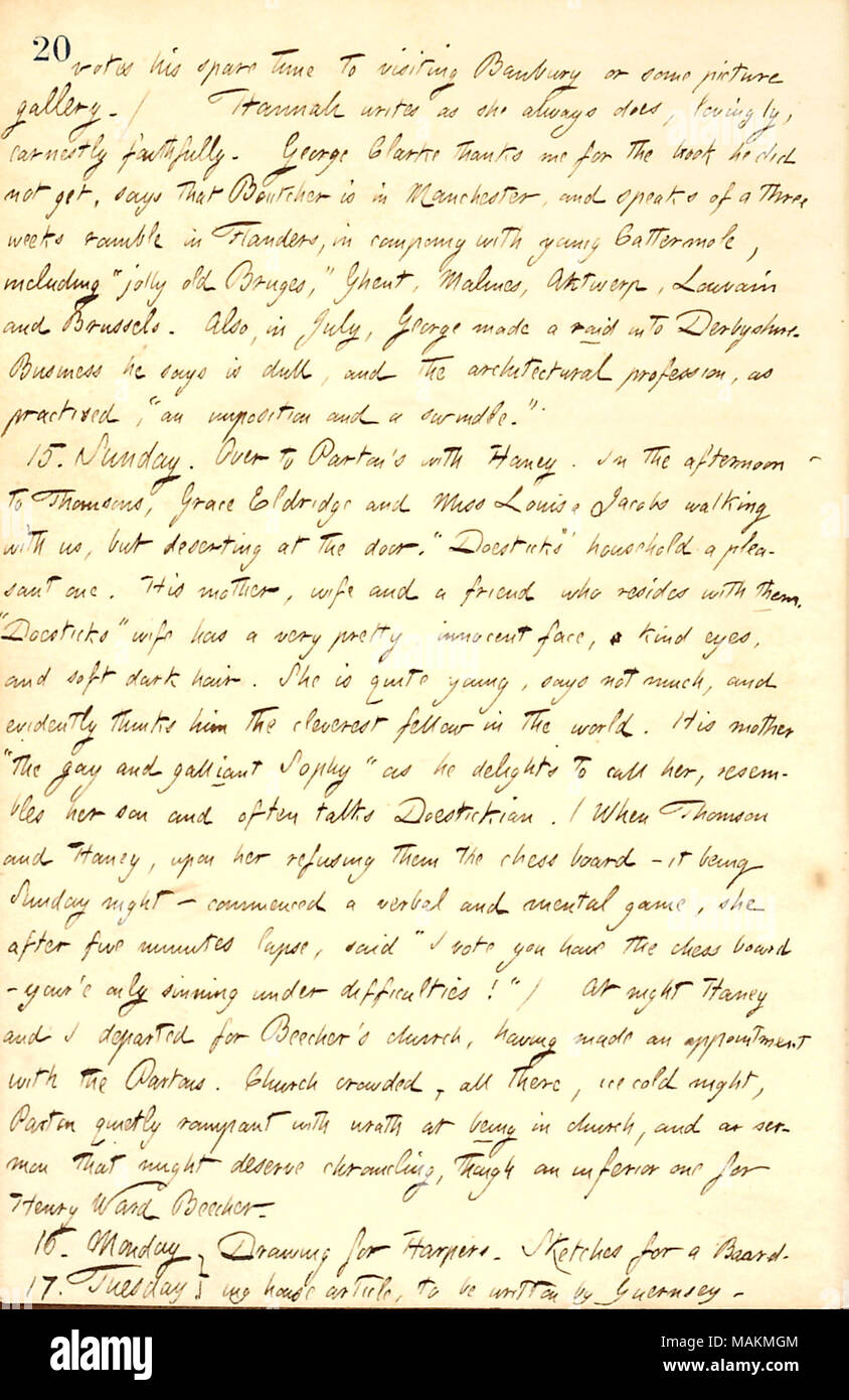 Describes visiting Mort Thomson and his family and attending church with the Partons.  Transcription: votes his [Charles Gunn ?s] spare time to visiting Banbury or some picture gallery. / Hannah [Bennett] writes as she always does, lovingly, earnestly faithfully. George Clarke thanks me for the book he did not get, says that [William] Boutcher is in Manchester, and speaks of a three weeks ramble in Flanders, in company with young Cattermole, including ?ǣjolly old Bruges, ? Ghent, Malines, Antwerp, Louvain and Brussels. Also, in July, George made a raid into Derbyshire. Business he says is dull Stock Photo