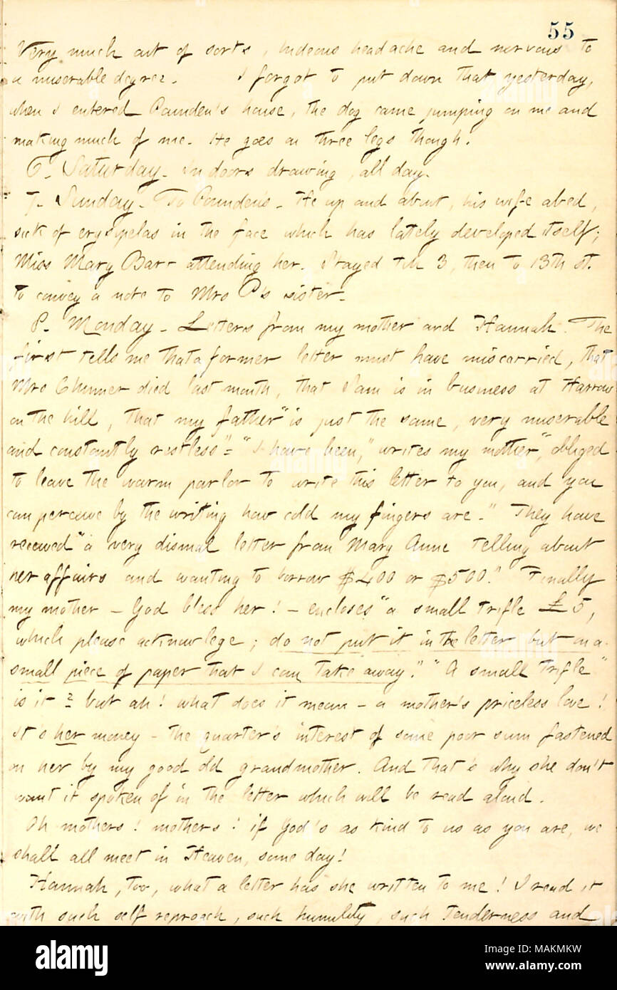 Describes a letter received from his mother in England.  Transcription: Very much out of sorts, hideous headache and nervous to a miserable degree. I forgot to put down that, yesterday, when I entered [Frank] Pounden's house, the dog came jumping on me and making much of me. He goes on three legs though. 6. Saturday. In doors drawing, all day. 7. Sunday. To Pounden's. He up and about, his wife abed, sick of erysipelas in the face which has lately developed itself; Miss Mary Barr attending her. Stayed till 3, then to 13th st. to convey a note to Mrs P's sister. 8. Monday. Letters from my mother Stock Photo