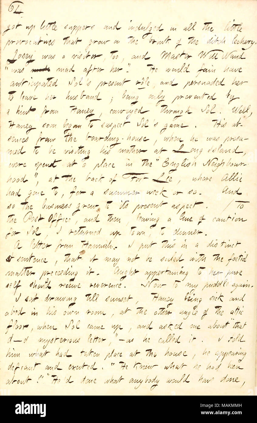 Regarding the beginning of Sol Eytinge's relationship with Allie Vernon.  Transcription: got up little suppers and indulged in all the little provocations that grow on the brink of the ditch lechery. Josey [Winship] was a visitor, too, and Master Will Waud 'was made mad after her.' He would fain have anticipated Sol [Eytinge]'s present role, and persuaded her [Allie Vernon] to leave her husband [Coville]; being only prevented by a hint from [Jesse] Haney, conveyed through Sol. Well, Haney soon began to suspect Sol's game. His absences from the boarding-house, when he was presumed to be visitin Stock Photo