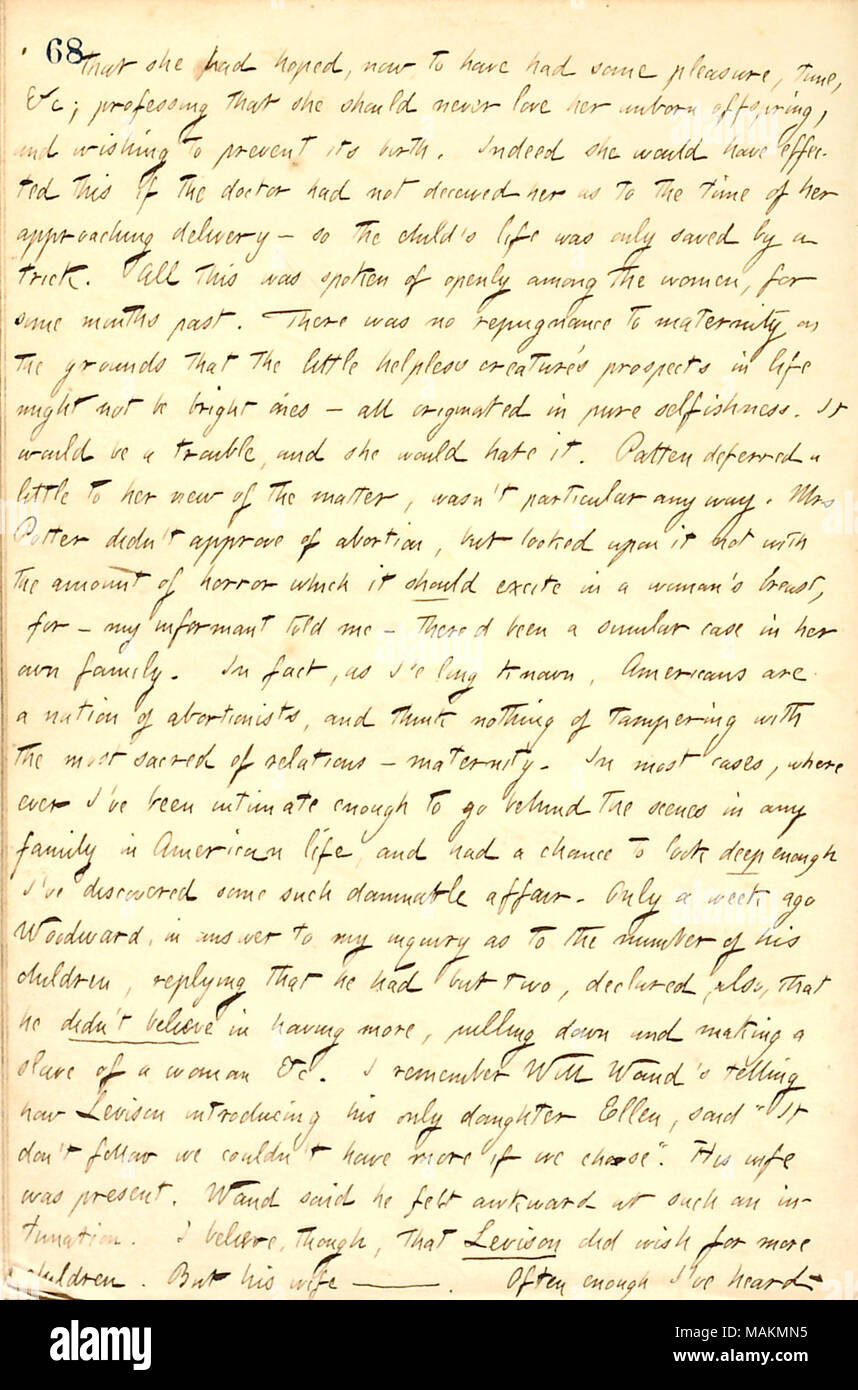 Regarding Mrs. Patten's unhappiness about her pregnancy.  Transcription: that she [Mrs. Patten] had hoped, now, to have had some pleasure, time, &c; professing that she should never love her unborn offspring, and wishing to prevent its birth. Indeed she would have effected this if the doctor had not deceived her as to the time of her approaching delivery  ? so the child ?s life was only saved by a trick. All this was spoken of openly among the women, for some months past. There was no repugnance to maternity on the grounds that the little helpless creature ?s prospects in life might not be bri Stock Photo