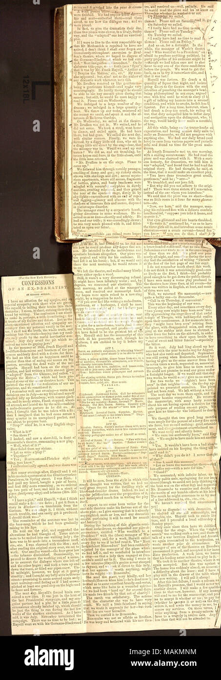 Newspaper article titled Confessions of an Ex-Dramatist written by George Arnold for the New York Mercury, regarding his and Frank Cahill's failed attempts to become successful playwrights.  Transcription: {For the New York Mercury.} CONFESSIONS O F A N E X  ? D R A M A T I S T.     ? BY GEORGE ARNOLD.     ? I have an affection for my species, and an especial sympathy with those who are given, like myself, to ladling their brains into their stomachs-?; I mean, in short, earning their daily bread by writing. The confession I am about to make is, perhaps, a trifle humiliating-?; for it treats of Stock Photo