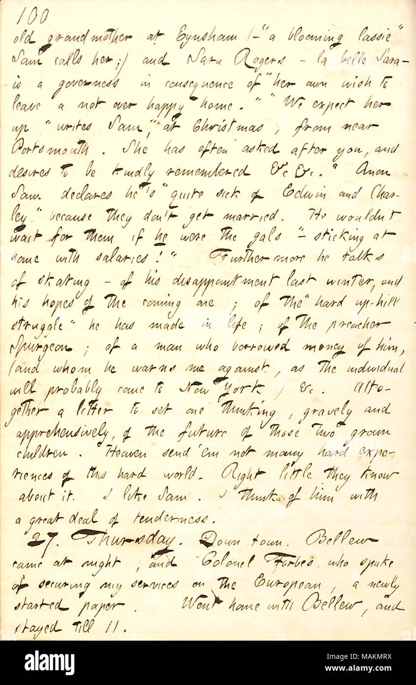 Describes a letter from his brother, Sam Gunn.  Transcription: old grandmother at Eynsham ( ?'a blooming lassie' Sam [Gunn] calls her;) and Sara Rogers  ? la belle Sara  ? is a governess in consequence of 'her own wish to leave a not over happy home.' 'We expect her up' writes Sam, 'at Christmas, from near Portsmouth. She has often asked after you, and desires to be kindly remembered &c &c.' Anon Sam declares he's 'quite sick of Edwin [Gunn] and Charley [Gunn]' because they don't get married. He wouldn't wait for them if he were the gals  ? 'sticking at home with salaries!' Furthermore he talk Stock Photo