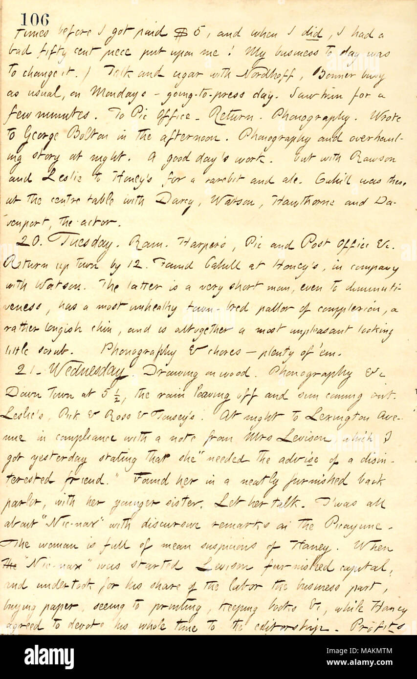 Describes going to see Mary Levison after her request for his advice about Nick Nax.  Transcription: times before I got paid $5, and when I did, I had a bad fifty cent piece put upon me! My business to day was to change it.) Talk and cigar with [Charles] Nordhoff, [John] Bonner busy as usual, on Mondays  ? going-to-press day. Saw him for a few minutes. To Pic Office. Return. Phonography. Wrote to George Bolton in the afternoon. Phonography and overhauling story at night. A good day's work. Out with Rawson [Gill] and [William] Leslie to Honey's for a rarebit and ale. [Frank] Cahill was there at Stock Photo