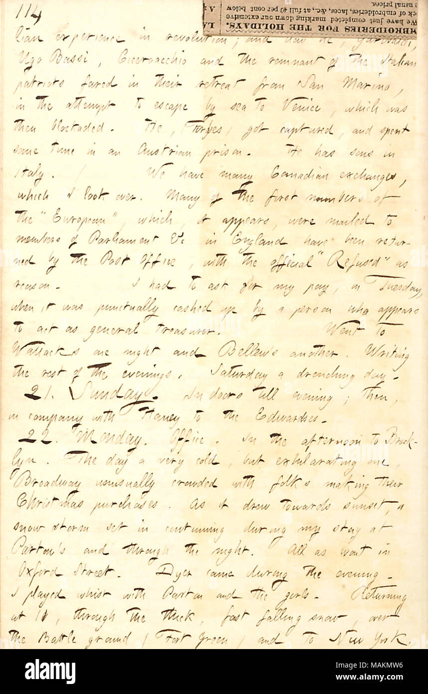 Comments on the European.  Transcription: [Ita]lian experience in revolution; and how he [Hugh Forbes], [Giuseppe] Garibaldi, Ugo Bassi, Ciceroacchio and the remnant of the Italian patriots fared in their retreat from San Marino, in the attempt to escape by sea to Venice, which was then blockaded. He, (Forbes) got captured, and spent some time in an Austrian prison. He has sons in Italy. / We have many Canadian exchanges, which I look over. Many of the first members of the ?ǣEuropean, ? which, it appears, were mailed to members of Parliament &c in England have been returned by the Post Office, Stock Photo
