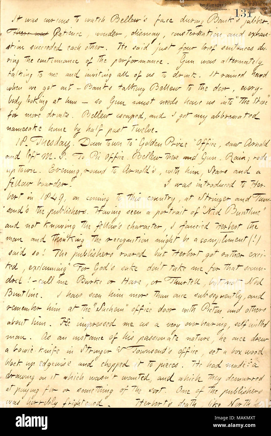 Gives his recollections of Henry William Herbert.  Transcription: It was curious to watch [Frank] Bellew's face during [A.F.] Banks' jabber. There was Patience, wonder, dismay, consternation and exhaustion succeeded each other. He said just four brief sentences during the continuance of the performance. [Robert] Gun was alternately talking to me and inviting all of us to drink. It rained hard when we got out  ? Banks talking Bellew to the door, everybody looking at him  ? so Gun must needs have us into 'The Store' for more drinks. Bellew escaped, and I got my abbreviated namesake home by half  Stock Photo