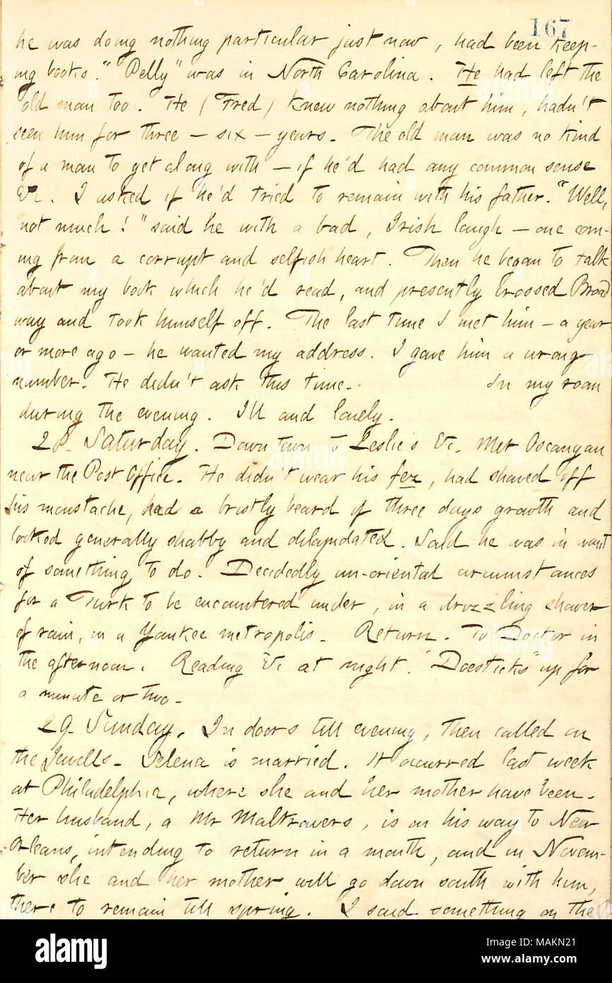 Mentions that Celina Jewell has married a Mr. Maltravers.  Transcription: he [Fred Anderson] was doing nothing particular just now, had been keeping books. ?ǣPelly ? [Pelham Anderson] was in North Carolina. He has left the old man [Charles F. Anderson] too. He (Fred) knew nothing about him, hadn ?t seen him for three  ? six  ? years. The old man was no kind of a man to get along with  ? if he ?d had any common sense &c. I asked if he ?d tried to remain with his father. ?ǣWell, not much! ? said he with a bad, Irish laugh  ? one coming from a corrupt and selfish heart. Then he began to talk abou Stock Photo