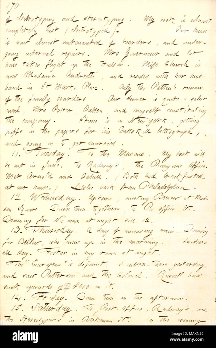Mentions that his book will be published by the Mason Brothers in June.  Transcription: of electrotyping and stereotyping. My book is almost completely cast (electrotyped). Our house [132 Bleecker St.] is now almost untenanted of boarders, and undergoing internal repairs. Mrs [Elizabeth] Gouverneur and lot [May and Adolphus Gouverneur] have taken flight up the Hudson. Miss Church is now Madame Andreotti, and resides with her husband in St Mark's Place. Only the [Willis] Patten's remain of the family boarders. Our dinner is quite a select meal, Mrs [Catharine] Potter, Patten, and myself constit Stock Photo