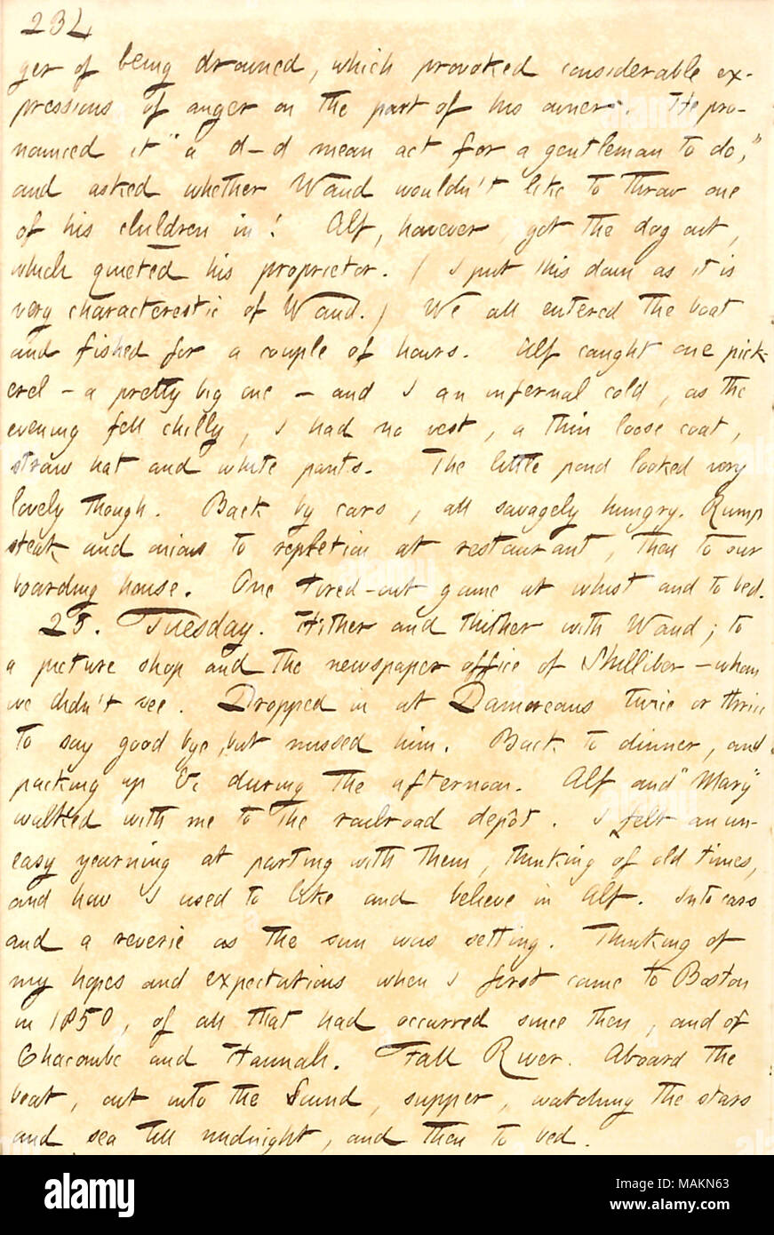 Describes a visit to Alf Waud and Mary in Boston.  Transcription: [dan]ger of being drowned, which provoked considerable expressions of anger on the part of his owner. He pronounced it ?ǣa d    d mean act for a gentleman to do, ? and asked whether [Alfred] Waud wouldn ?t like to throw one of his children in! Alf, however, got the dog out, which quieted his proprietor. (I put this down as it is very characteristic of Waud.) We all entered the boat and fished for a couple of hours. Alf caught one pickerel  ? a pretty big one  ? and I an infernal cold, as the evening fell chilly, I had no vest, a Stock Photo