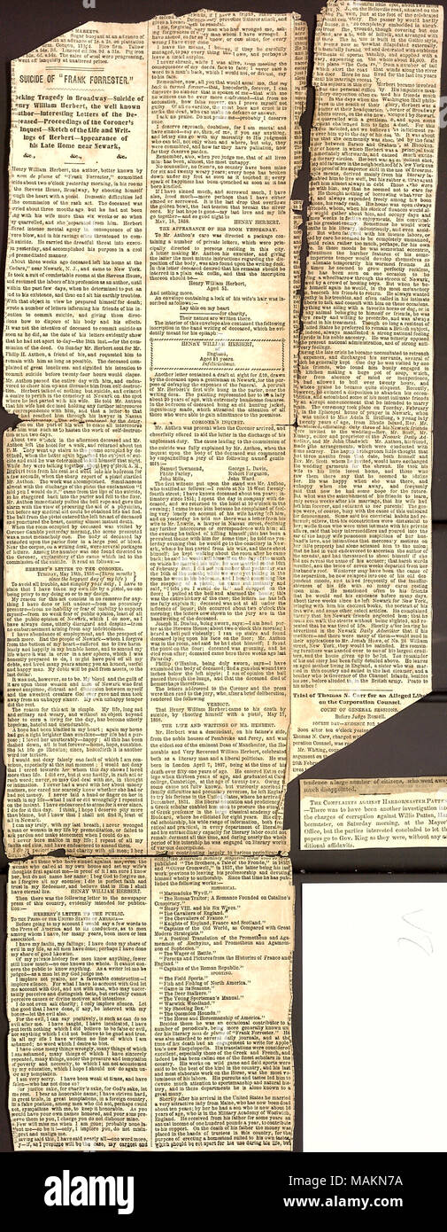 Newspaper clipping regarding the suicide of writer Henry William Herbert.  Transcription: SUICIDE OF 'FRANK FORRESTER.'        ? Shocking Tragedy in Broadway ?Suicide of Henry William Herbert, the well known Author ?Interesting Letters of the Deceased ?Proceedings of the Coroner's Inquest ?Sketch of the Life and Writings of Herbert ?Appearance of his Late Home near Newark, &c., &c., &c.,     ? Henry William Herbert, the author, better known by the nom de plume of 'Frank Forrester,' committed suicide about two o'clock yesterday morning, in his rooms in the Stevens House, Broadway, by shooting h Stock Photo