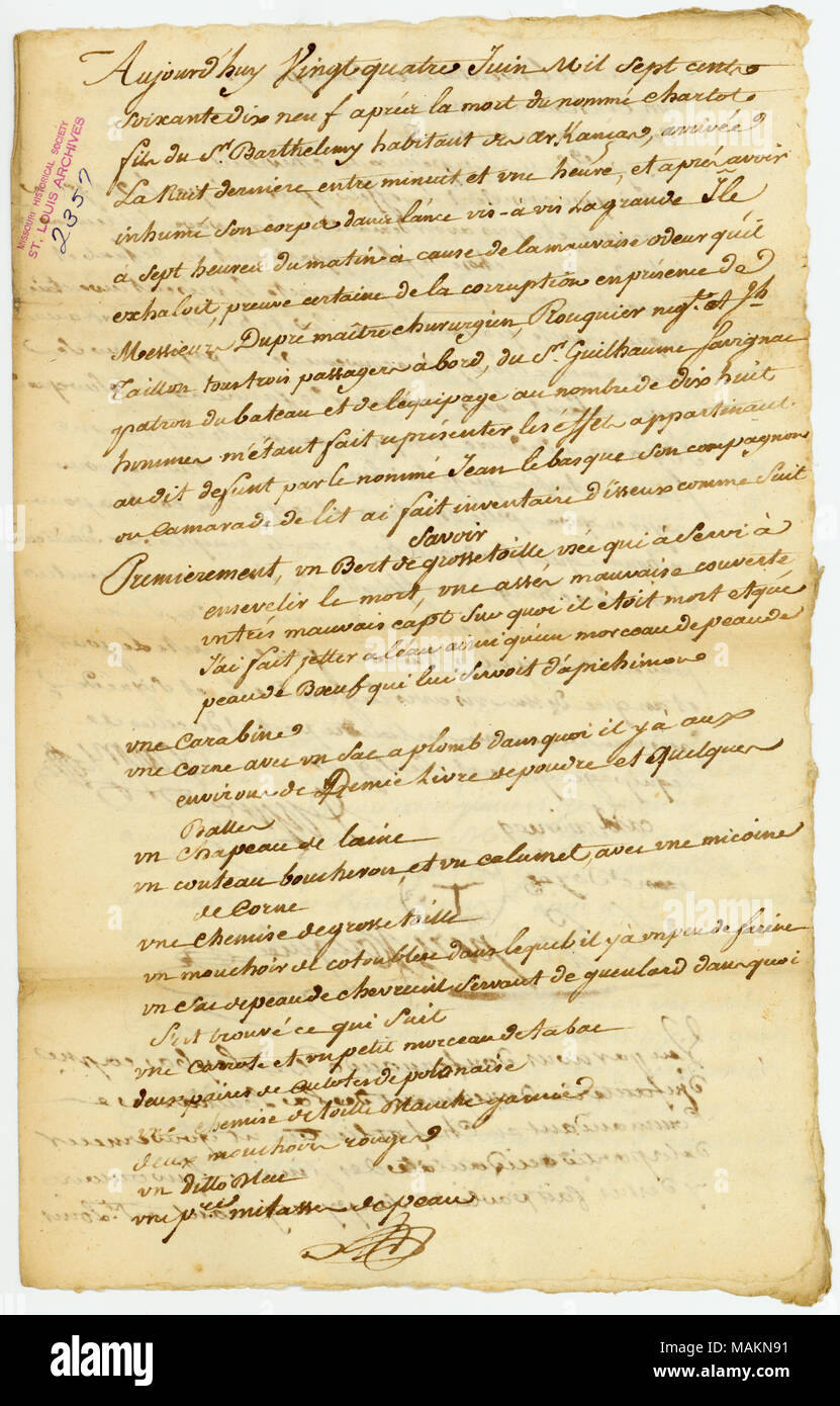 Title: Document regarding Barthelemy dit Charlot, June 24, 1779  . 24 June 1779. Stock Photo