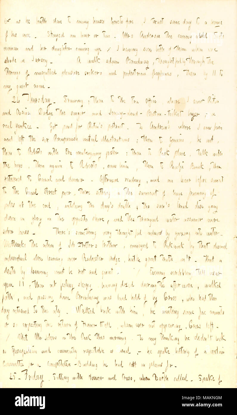 Comments on watching a sunset.  Transcription: &c as he hath done to many houses heretofore, I trust some day to a home of his [Joseph Greatbatch ?s] own. Stayed an hour or two. Mrs Anderson the canny auld Scotswoman and her daughter coming up; I having seen both of them when we abode in Jersey. A walk adown Broadway, thoughtfully through the throngs of miscalled pleasure seekers and pedestrian Raphians, then by 11 to my quiet room. 24 Thursday. Drawing; then to the Era Office, where I saw [Thomas] Picton and Basian Dodge the singer and Jenny-Lind-Boston-ticket buyer; a real Yankee. Got paid f Stock Photo
