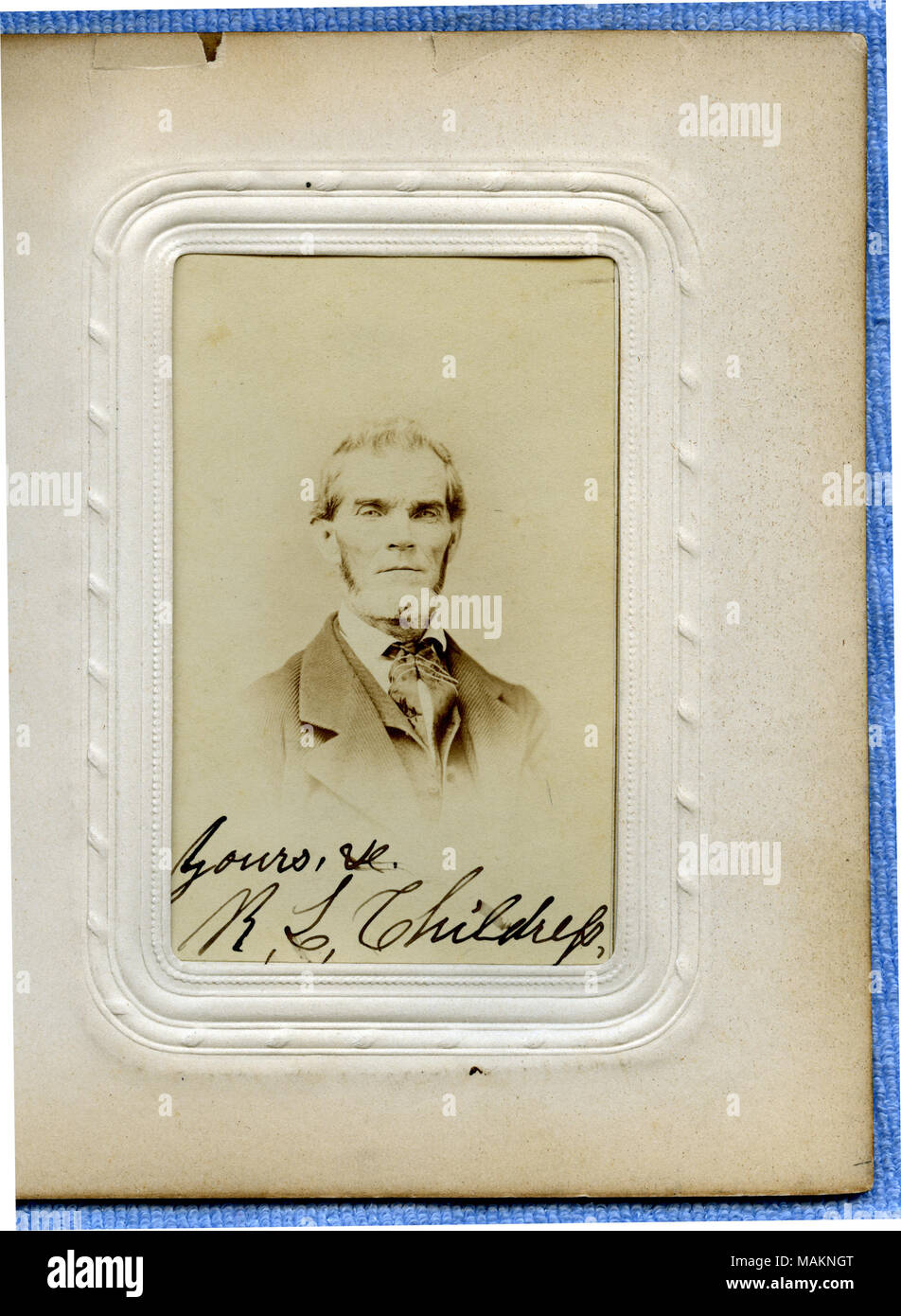 Bust portrait of a bearded man wearing a suit, turned slightly to the right. 'Yours, R. L. Childress.' (written below image). Two cent stamp on reverse side of image. Childress was a delegate from Webster County (19th senatorial district) to the Missouri State Convention held at the Mercantile Library in St. Louis from January 6 to 11, 1865. Title: R. L. Childress.  . circa 1865. Pittman and Wolfrom, St. Louis Stock Photo