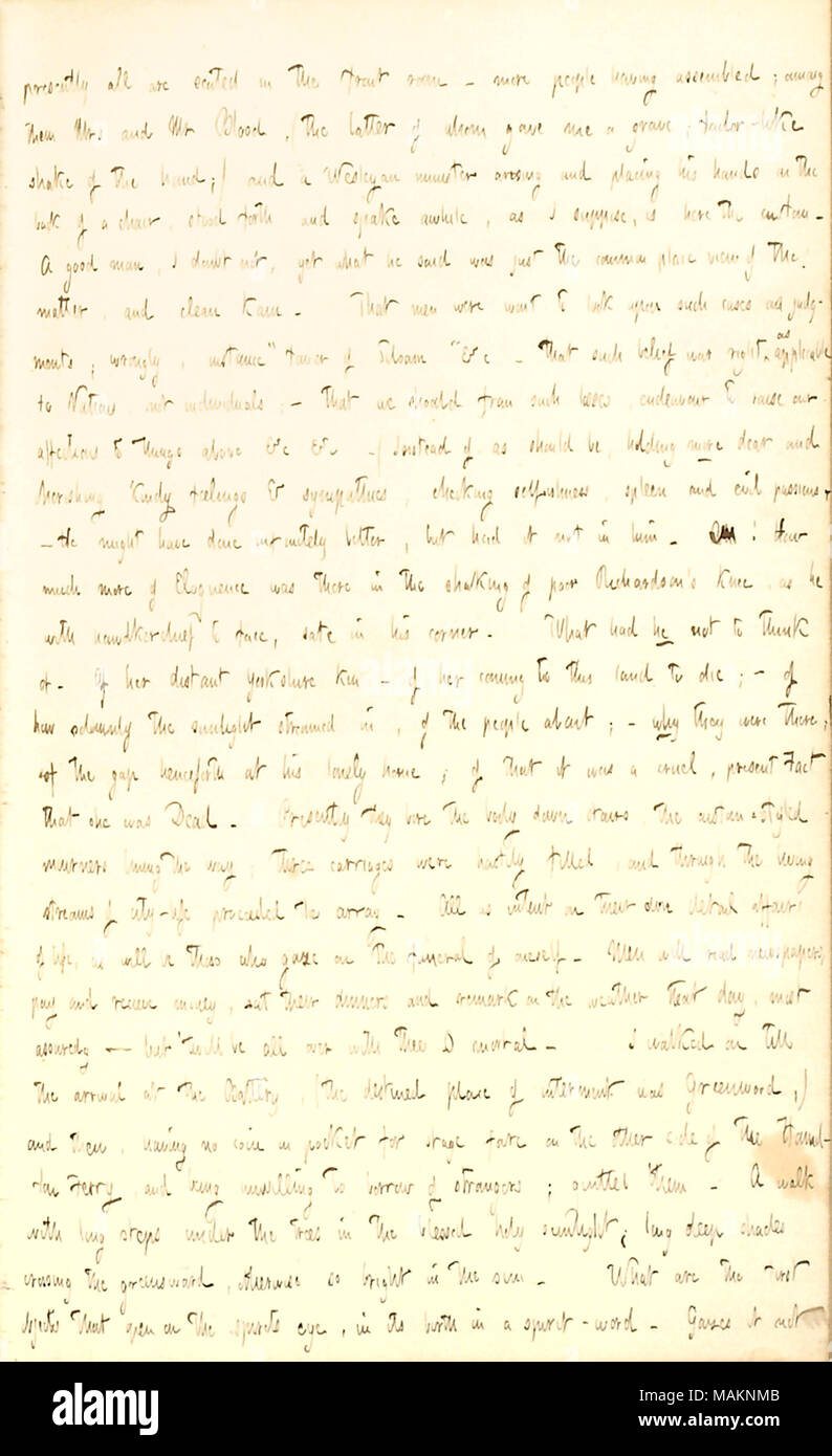 Describes attending the funeral of Sarah Richardson.  Transcription: presently all are seated in the front room  ? more people having assembled; among them Mrs [Cornelia] and Mr [Samuel] Blood, (the latter of whom gave me a grave; tailor-like shake of the hand;) and a Wesleyan minister arising and placing his hands on the back of a chair, stood forth and spake awhile, as I suppose, is here the custom. A good man, I doubt not, yet what he said was just the common place view of the matter, and clean Kain. That men were wont to look upon such cases as judgments; wrongly, instance ?ǣtower of Siloa Stock Photo
