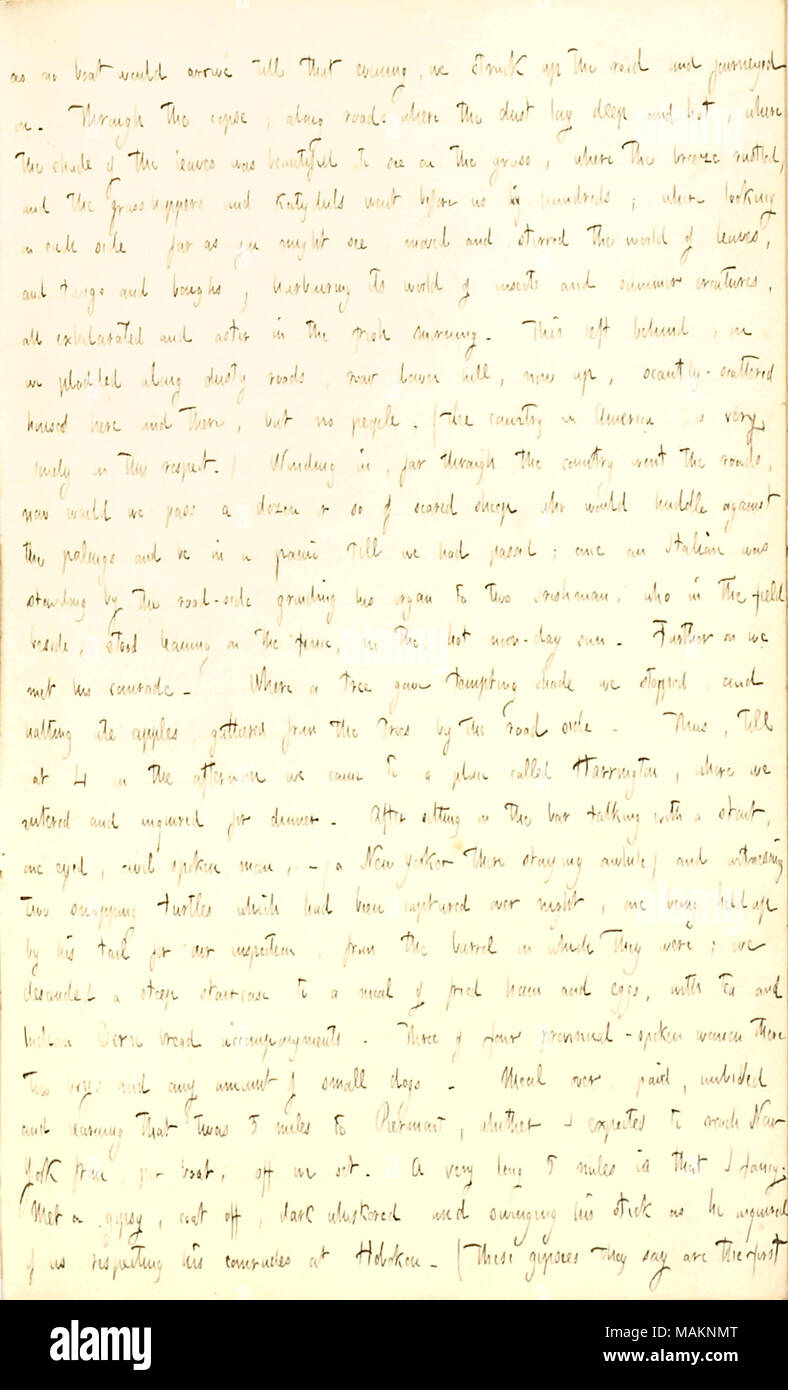 Describes a walking trip taken with Arthur Mason.  Transcription: as no boat would arrive till that evening, we [Gunn and Arthur Mason] struck up the road and journeyed on. Through the copse, along roads where the dust lay deep and hot, where the shade of the leaves was beautiful to see on the grass, where the breeze rustled, and the grasshoppers and katydids went before us by hundreds; where looking on each side, far as you might see, moved and stirred the world of leaves, and twigs and boughs, harbouring its world of insects and summer creatures, all exhilarated and astir in the fresh mornin Stock Photo