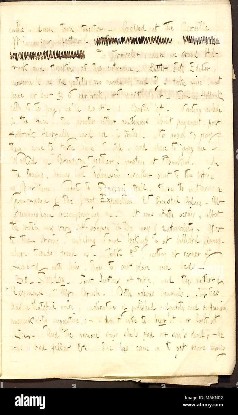 Mentions attending a panorama of the Great Exposition and Crystal Palace.  Transcription: came, down town together. Called at the Reveille Office, saw [Cornelius] Mathews. [words crossed out] To Traveler, where we found Holbrook and Hawkins at the entrance. (Latter still Editor, inasmuch as he getteth no money, and if I take office, must have at least $6 per week, or won ?t do it. Soon as Holbrook hath it to pay, he ?ll do it. / [William] Barth left. Waiting awhile in the Office, the printers rather mutinous about payment, poor Holbrook fearfully hard up, in truth. No money to pay them, none t Stock Photo