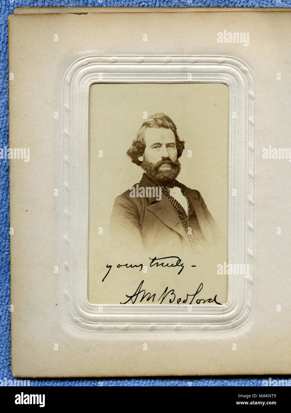 Bust portrait of a bearded man turned toward the right. 'yours truly - A M Bedford' (written below image). Two-cent stamp on reverse side of image. Bedford was a delegate from Mississippi County (25th senatorial district) to the Missouri State Convention held at the Mercantile Library in St. Louis from January 6 to 11, 1865. Title: Alfred M. Bedford.  . circa 1865. Mansfield's City Gallery, St. Louis Stock Photo