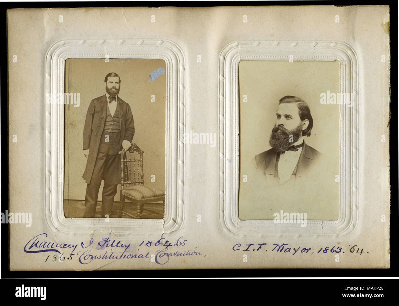 Page four of the album with two photographs of Chauncey I. Filley, one full-length (left) and one bust (right). 'Chauncey I Filley 1864-65 1865 Constitutional Convention' and 'C I.F. Mayor, 1863. 64.' (written on album page). Filley was a delegate from St. Louis (29th senatorial district) to the Missouri State Convention held at the Mercantile Library in St. Louis from January 6 to 11, 1865. Title: Missouri Constitutional Convention of 1865 Album page with Chauncey I. Filley.  . 22 October 1904. Stock Photo