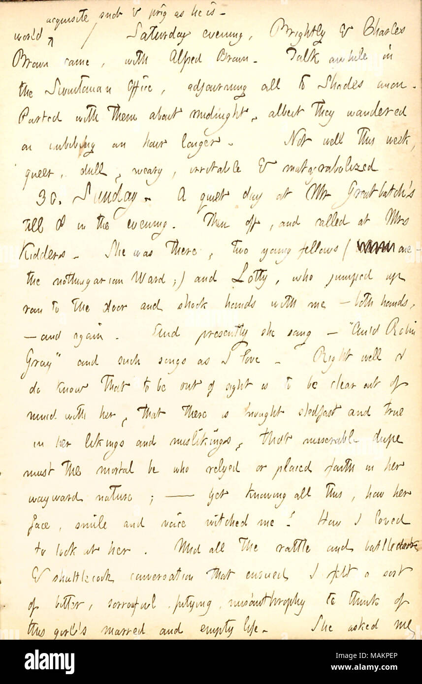 Describes a visit to Rebecca Kidder's residence and hearing Lotty Kidder sing.  Transcription: world acquisite snob & prig as he [John Gotch] is. / Saturday evening, [Joseph H.] Brightly & Charles Brown came, with Alfred Brown. Talk awhile in the Swintonian Office [Swinton and Fay, 290 Broadway], adjourning all to Shades anon. Parted with them about midnight, albeit they wandered on imbibing an hour longer. Not well this week, queer, dull, weary, irritable & matagrabolized. 30. Sunday. A quiet day at Mr [Joseph] Greatbatch ?s till 8 in the evening. Then off, and called at Mrs [Rebecca] Kidders Stock Photo