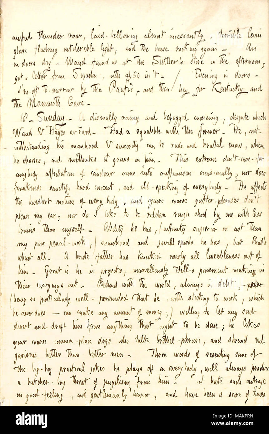 Comments on Alf Waud's attitude after getting into an argument with him on  Mackinac Island. Transcription: awful thunder roar, loud-bellowing almost  incessantly, terrible Levin glare flashing intolerable light, and the house  rocking