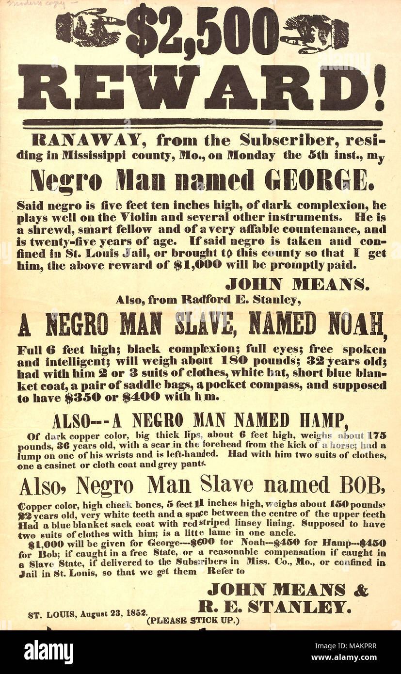 Describes four escaped slaves named Noah, Hamp, and Bob, for