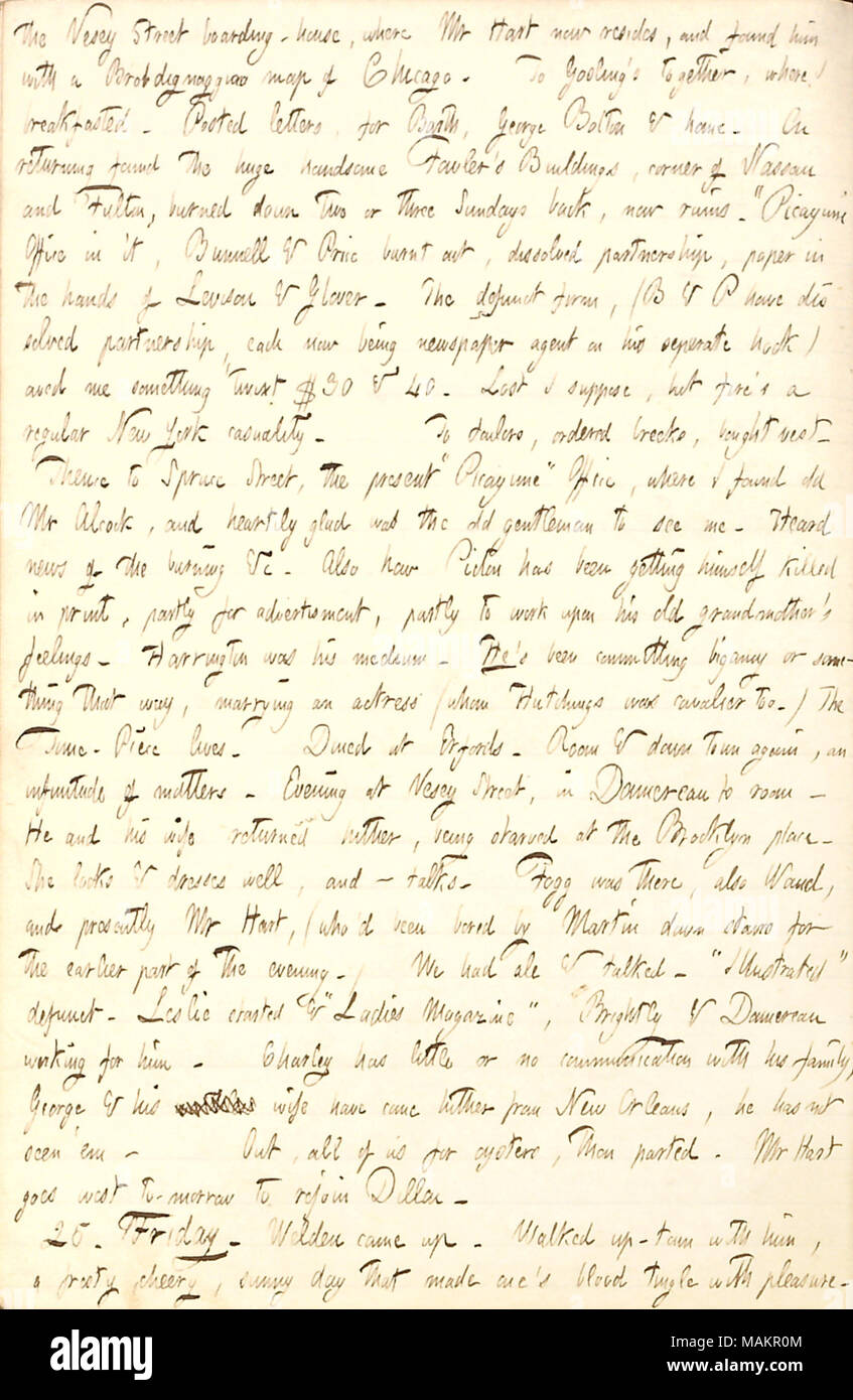 Mentions having dinner with Charles Damoreau and learning that Damoreau's brother, George, has come to New York.  Transcription: the Vesey Street boarding-house, where Mr [Henry] Hart now resides, and found him with a Brobdignaggian map of Chicago. To Gosling ?s together, where I breakfasted. Posted letters, for [William] Barth, George Bolton & home. On returning found the huge handsome Fowler ?s Buildings, corner of Nassau and Fulton, burned down two or three Sundays back, now ruins. ?ǣPicayune ? Office in it, Bunnell & Price burnt out, dissolved partnership, paper in the hands of Levison & G Stock Photo