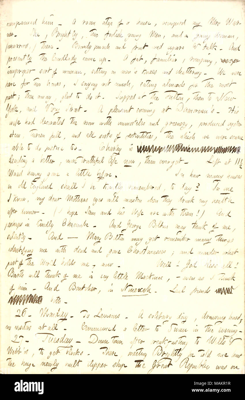 Regarding his thoughts of friends on Christmas Day.  Transcription: companied him [Alfred Waud]. A room atop of a house, occupied by Mrs Warner. She, [Joseph] Brightly, two foolish young Men, and a young Woman, (married,) there. Brandy punch and fruit and cigars & talk. And presently the landlady came up. A fat, familiar, romping, [words crossed out] improper sort of woman, sitting on men+?-?-?s knees and chattering. We were here for two hours, I saying not much, eating almost for the most part; then away, glad to do it. Supped at the Fulton, then to New York, and Vesey Street. A pleasant even Stock Photo