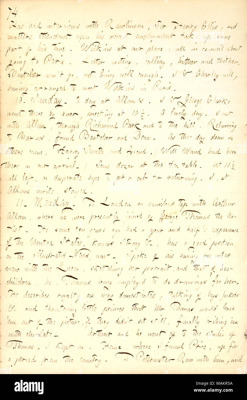 Regarding meeting the artist George Thomas and his tales about sketching the royal family.  Transcription: Has had interviews with Rawlinson, Sir Henry Ellis, and matters attendant upon his recent employment take up some part of his time. Wilkins at our place; all in council about going to Paris. Letter writing, calling, hither and thither. [William] Boutcher won't go, not being well enough. I & Charley [Gunn] will, having arranged to meet Wilkins in Paris. 10. Sunday. A day at [Thomas] Allom+?-?-?s. I & George Clarke went there by river, meeting at 10 1/2. A lovely day. I out with Allom, thro Stock Photo