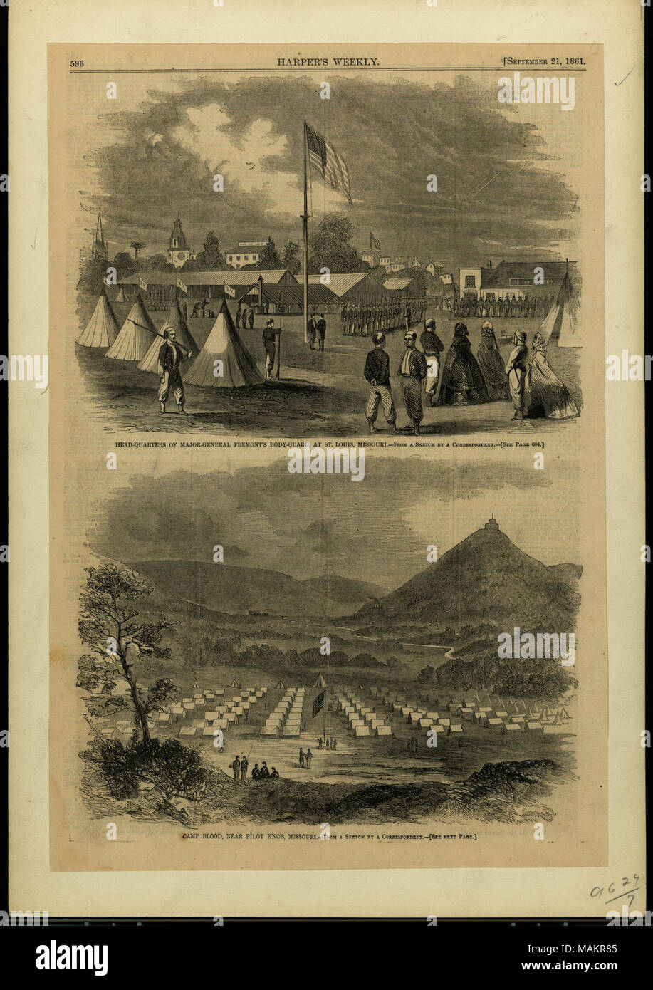 Image of buildings in background and soldiers in formation near a flagpole with a flag. Soldiers and three ladies in foreground near tents that have small flags with 'KY' written on them. '596 HARPER'S WEEKLY. [SEPTEMBER 21, 1861.' (printed above image). 'HEAD-QUARTERS OF MAJOR-GENERAL FREMONT'S BODY-GUARD, AT ST. LOUIS, MISSOURI. - FROM A SKETCH BY A CORRESPONDENT. - [SEE PAGE 604.]' (printed below image). Second image: Image of hills, train, and several small buildings in background. Soldiers, tents, and flagpole with flag in the foreground. 'CAMP BLOOD, NEAR PILOT KNOB, MISSOURI. - FROM A S Stock Photo