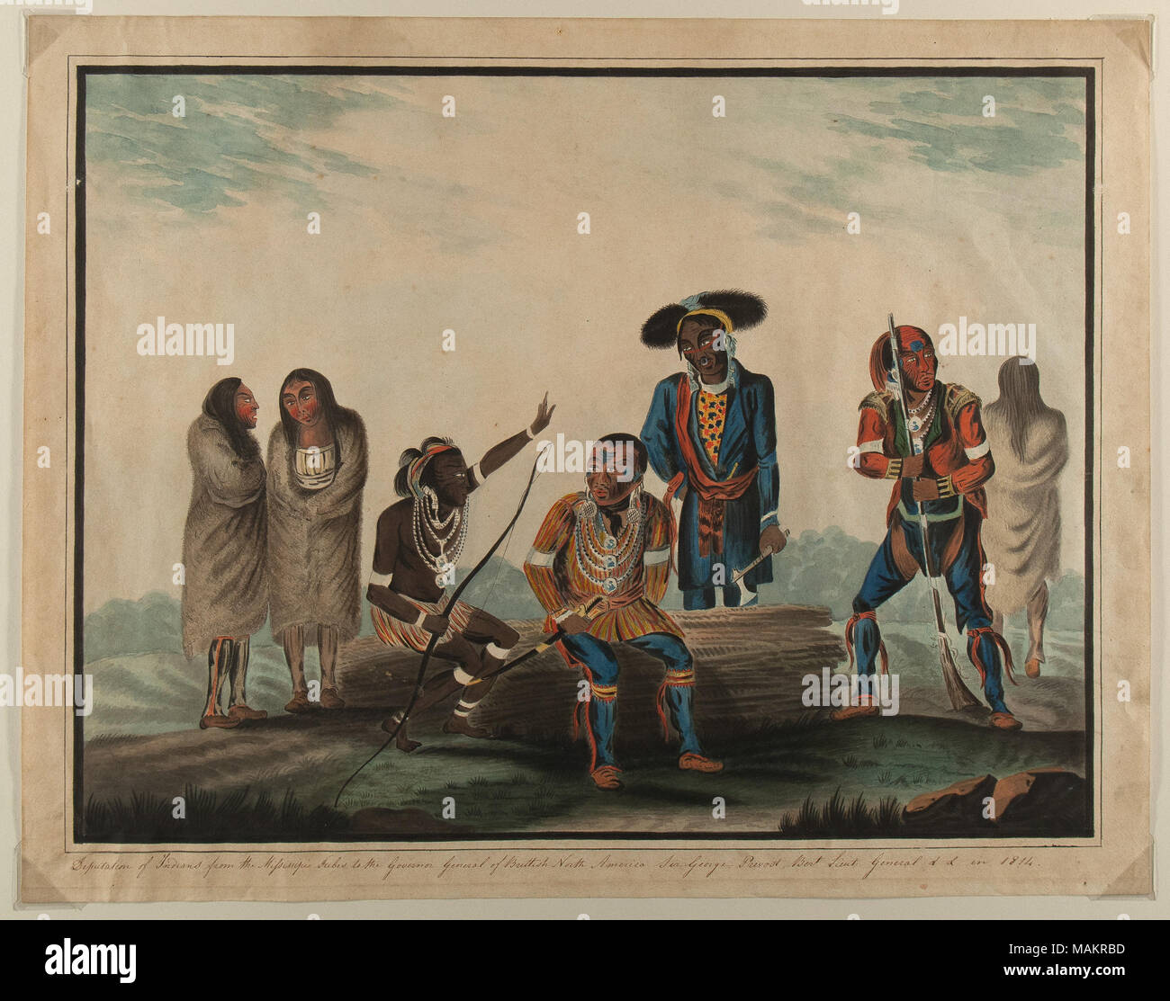 Watercolor painting, 'Deputation of Indians from the Mississippi Tribes to the Governor General of British North America, Sir George Prevost. Baronet. Lieut. General, [etc.] in 1814.' attributed to Rudolf Von Steiger. The scene depicts an official Indian delegation at the end of the War of 1812. Title: Deputation of Indians from the Mississippi Tribes to the Governor General of British North America, Sir George Prevost. Baronet. Lieut. General, [etc.] in 1814  . 1814. Rudolf Von Steiger Stock Photo