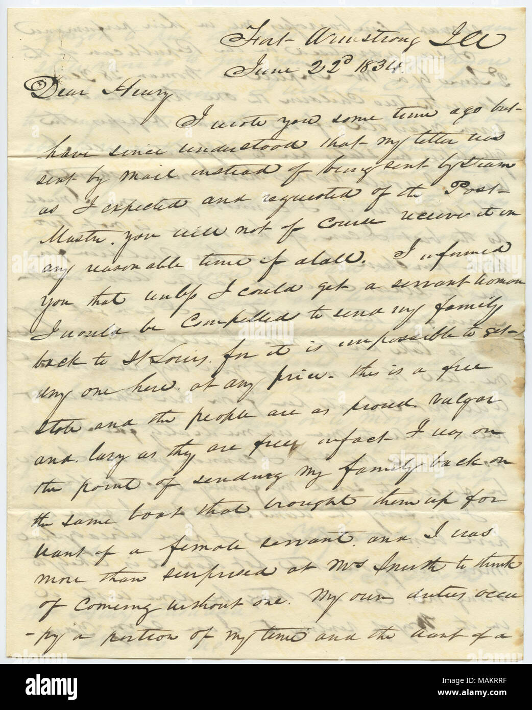 Informs Chouteau of his need for a servant woman, or he will be compelled to send his family back to St. Louis. Prefers a servant without children. Mentions that the dams broke, and discusses financial matters. Also mentions Mrs. Smith and Mr. Triplett. Title: Letter signed T.F. Smith, Fort Armstrong, Ill., to Henry Chouteau, St. Louis, June 22, 1834  . 22 June 1834. Smith, T.F. Stock Photo