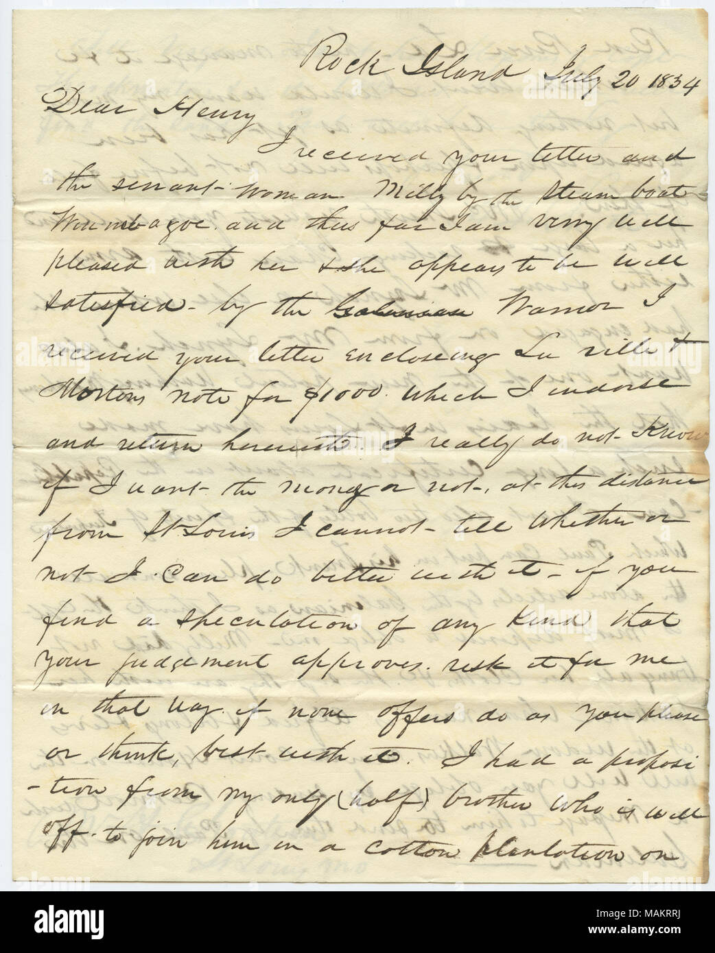 Has received letter and servant-woman, Milly, by Steamboat Winnebago. Asks Chouteau to look out for speculations for him. Mentions an opportunity to join his brother in a cotton plantation venture on Red River, Louisiana. Mentions Laville and Morton, Mrs. Smith, Mr. Lynch, The Republican, Paul, Widow Walker, Alfred, Bennoit, Virginia, and Captain Throckmorton. Title: Letter signed T.F. Smith, Rock Island, to Henry Chouteau, St. Louis, Mo., July 20, 1834  . 20 July 1834. Smith, T.F. Stock Photo