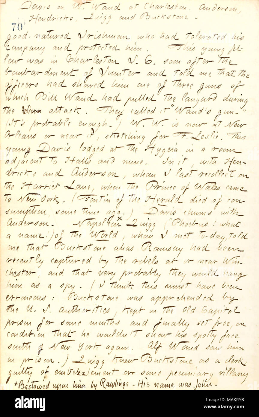 Regarding conversations with Davis and Napoleon Quigg. Title: Thomas Butler Gunn Diaries: Volume 19, page 84, March 26, 1862  . 26 March 1862. Gunn, Thomas Butler, 1826-1903 Stock Photo