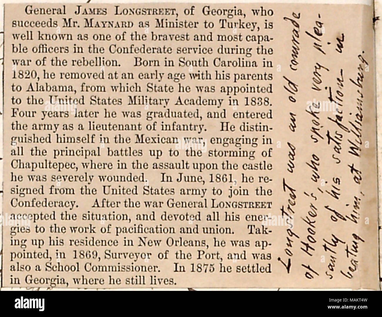Newspaper clipping regarding Confederate General James Longstreet. Title: Thomas Butler Gunn Diaries: Volume 19, page 215, June 1880 [newspaper clipping]  . June 1880. Gunn, Thomas Butler, 1826-1903 Stock Photo