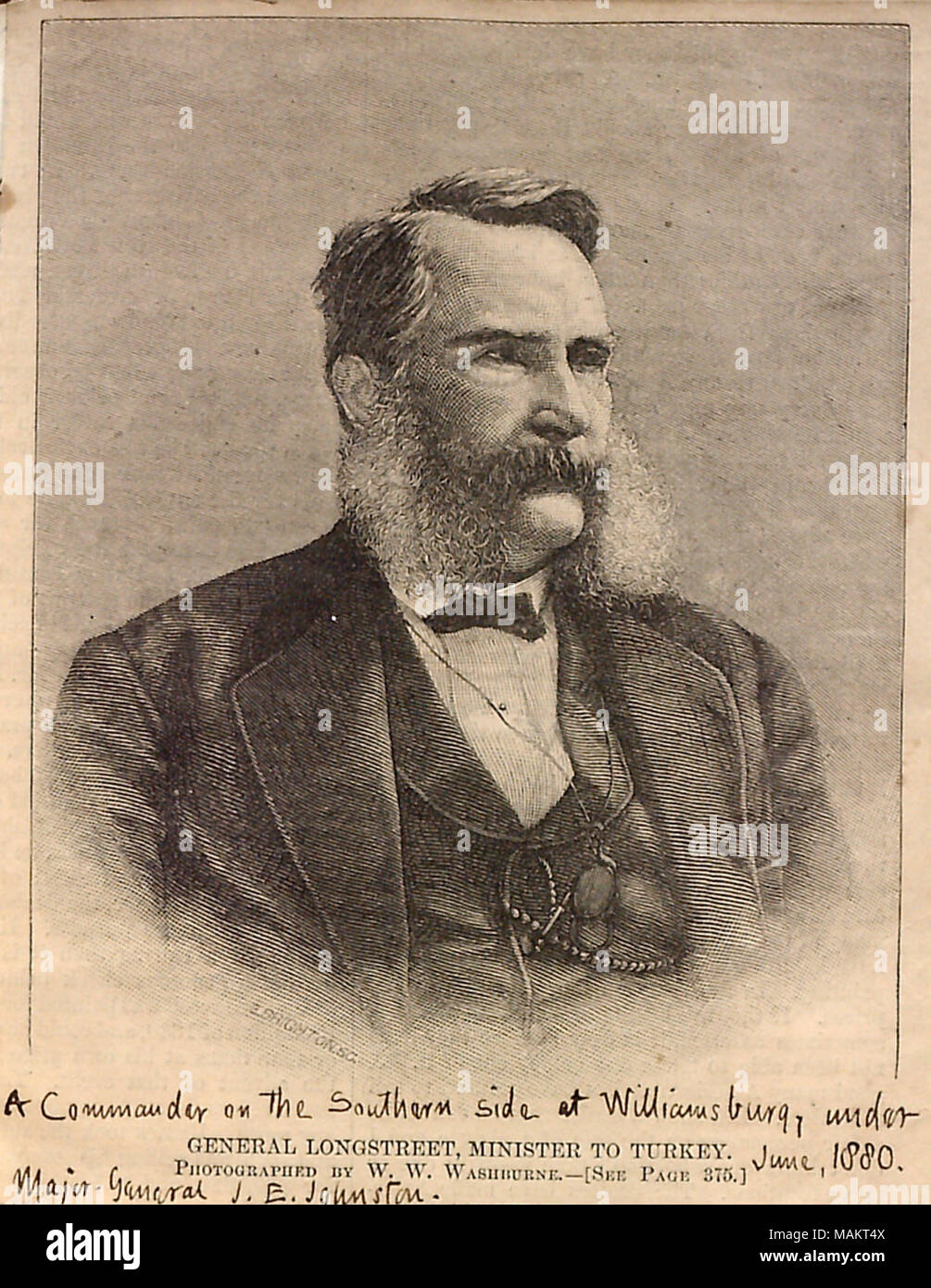Newspaper engraving of General James Longstreet. Title: Thomas Butler Gunn Diaries: Volume 19, page 216, June 1880 [newspaper clipping]  . June 1880. Gunn, Thomas Butler, 1826-1903 Stock Photo