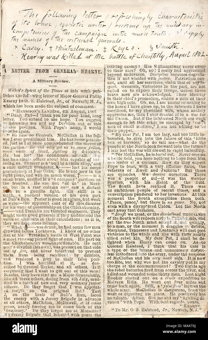 Newspaper clipping of letter from General Philip Kearny to O. S