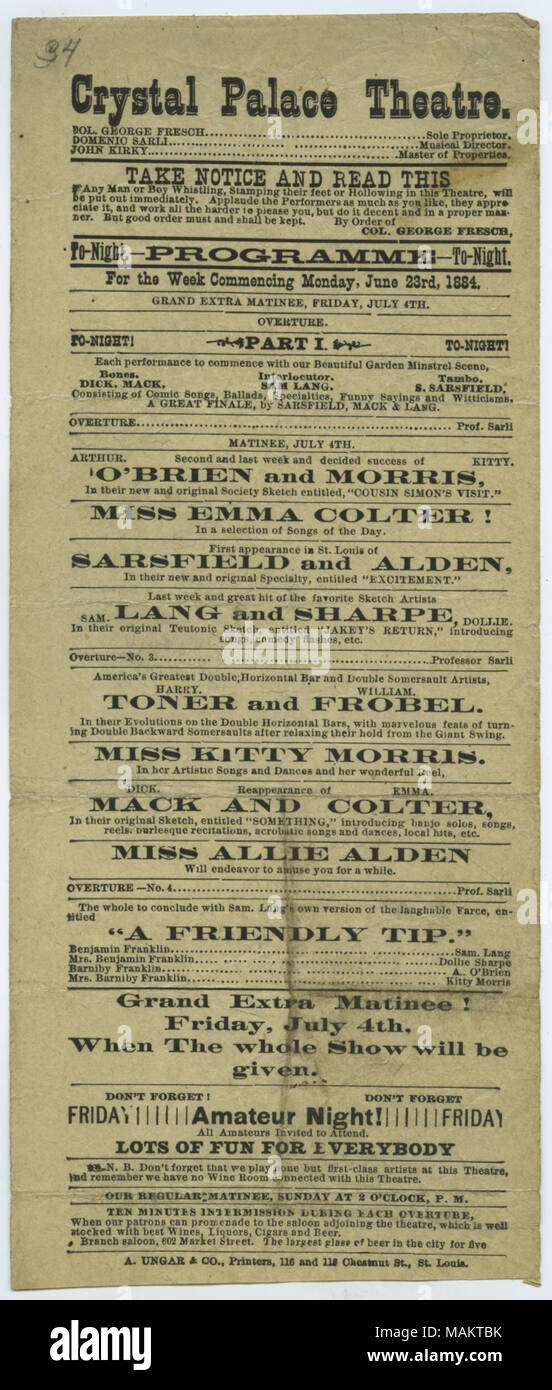 Program includes: O'Brien and Morris, Miss Emma Colter, Sarsfield and Alden, Lang and Sharpe, Toner and Frobel, Miss Kitty Morris, Mack and Colter, and 'A Friendly Tip.' Title: Handbill for Crystal Palace Theatre for the week commencing Monday, June 23rd, 1884  . 23 June 1884. Stock Photo