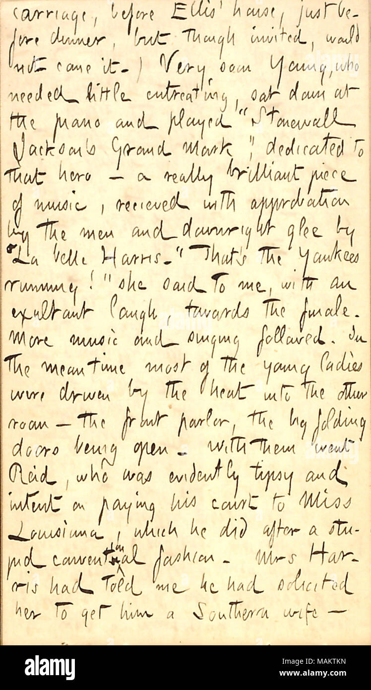 Describes a visit to Mr. and Mrs. Harris after the bachelor party. Title: Thomas Butler Gunn Diaries: Volume 22, page 88, March 3, 1863  . 3 March 1863. Gunn, Thomas Butler, 1826-1903 Stock Photo