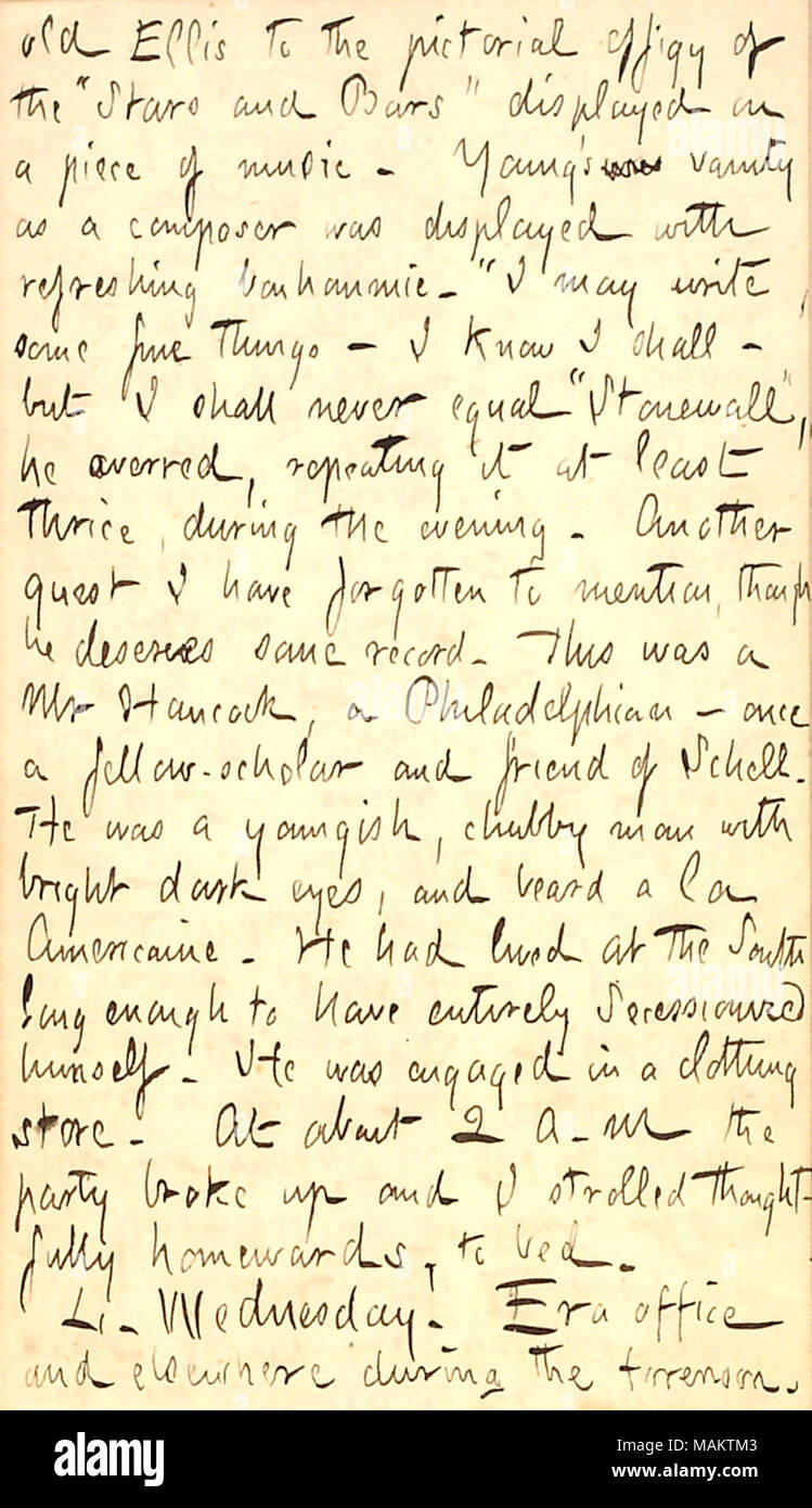 Describes a visit to Mr. and Mrs. Harris after the bachelor party. Title: Thomas Butler Gunn Diaries: Volume 22, page 92, March 3, 1863  . 3 March 1863. Gunn, Thomas Butler, 1826-1903 Stock Photo
