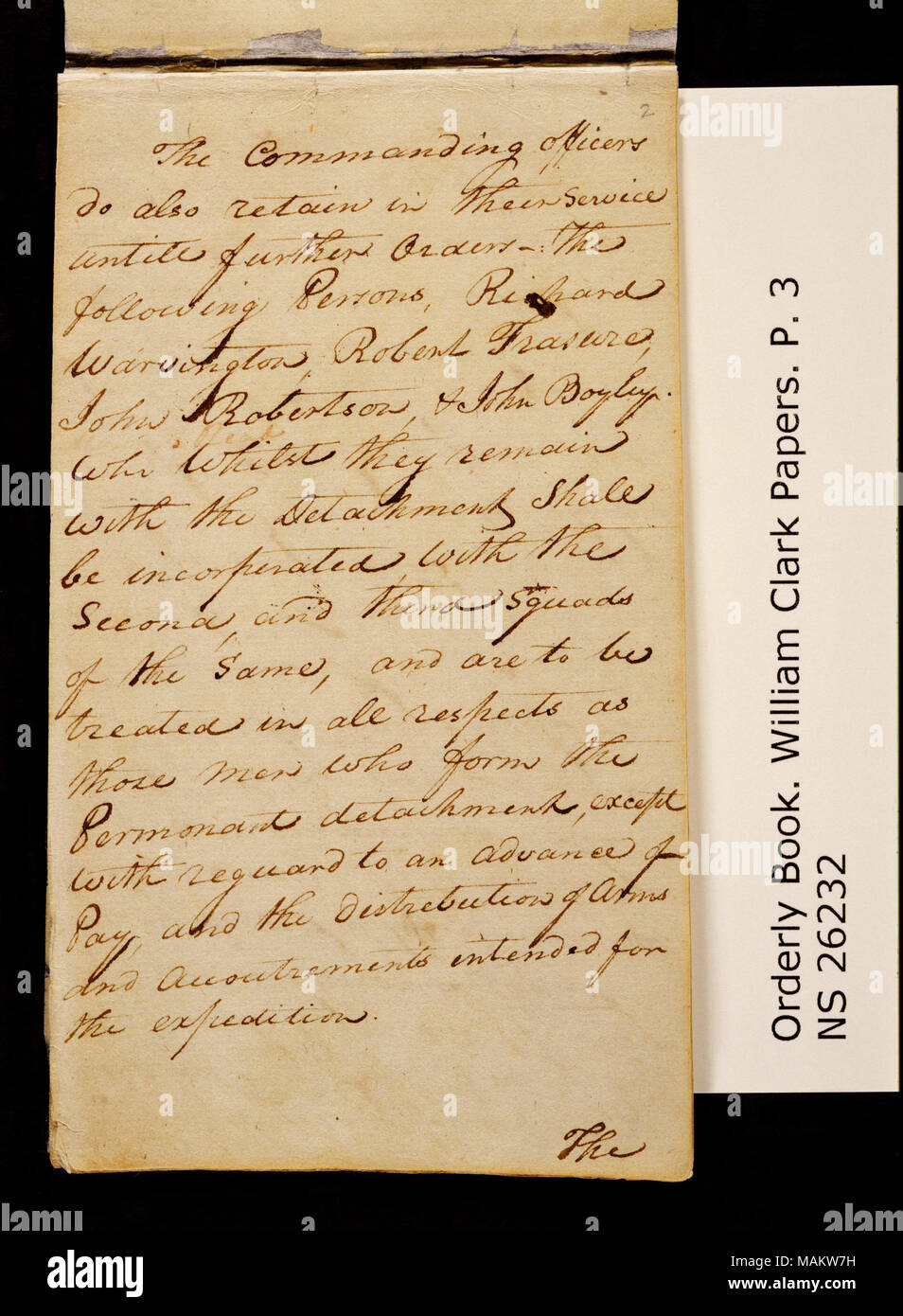 'Detachment Orders. Camp River Dubois, April 1st 1804. cont.' Title: Clark Family Collection: Volume 20. Orderly book, page 3, April 1, 1804  . 1 April 1804. Clark, William, 1770-1838 Stock Photo