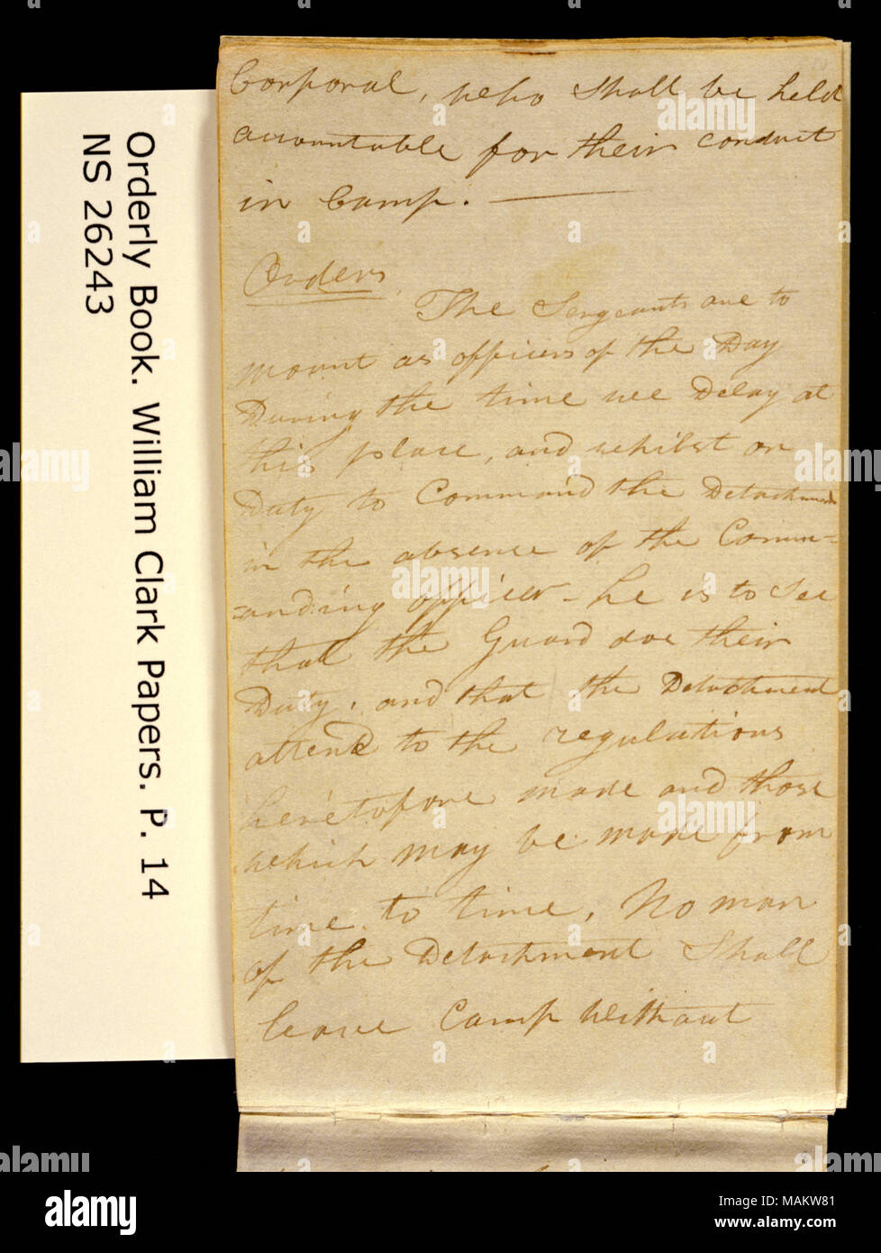 'Camp at River a Dubois, May 4th 1804. Orders cont.' Title: Clark Family Collection: Volume 20. Orderly book, page 14, May 4, 1804  . 4 May 1804. Clark, William, 1770-1838 Stock Photo