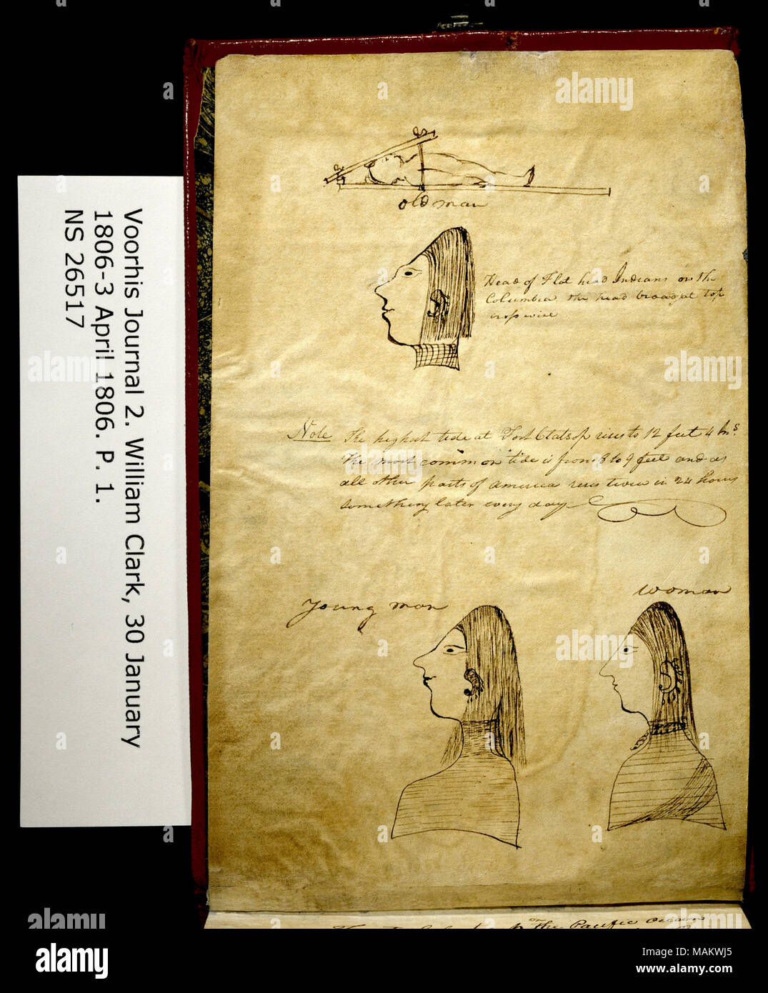 'Method of Head-flattening and Adults with Skull Deformation.' [Flathead Indians] Title: Clark Family Collection: Volume 2. Voorhis Journal No. 2, page 1, approximately January 30, 1806  . 30 January 1806. Clark, William, 1770-1838 Stock Photo