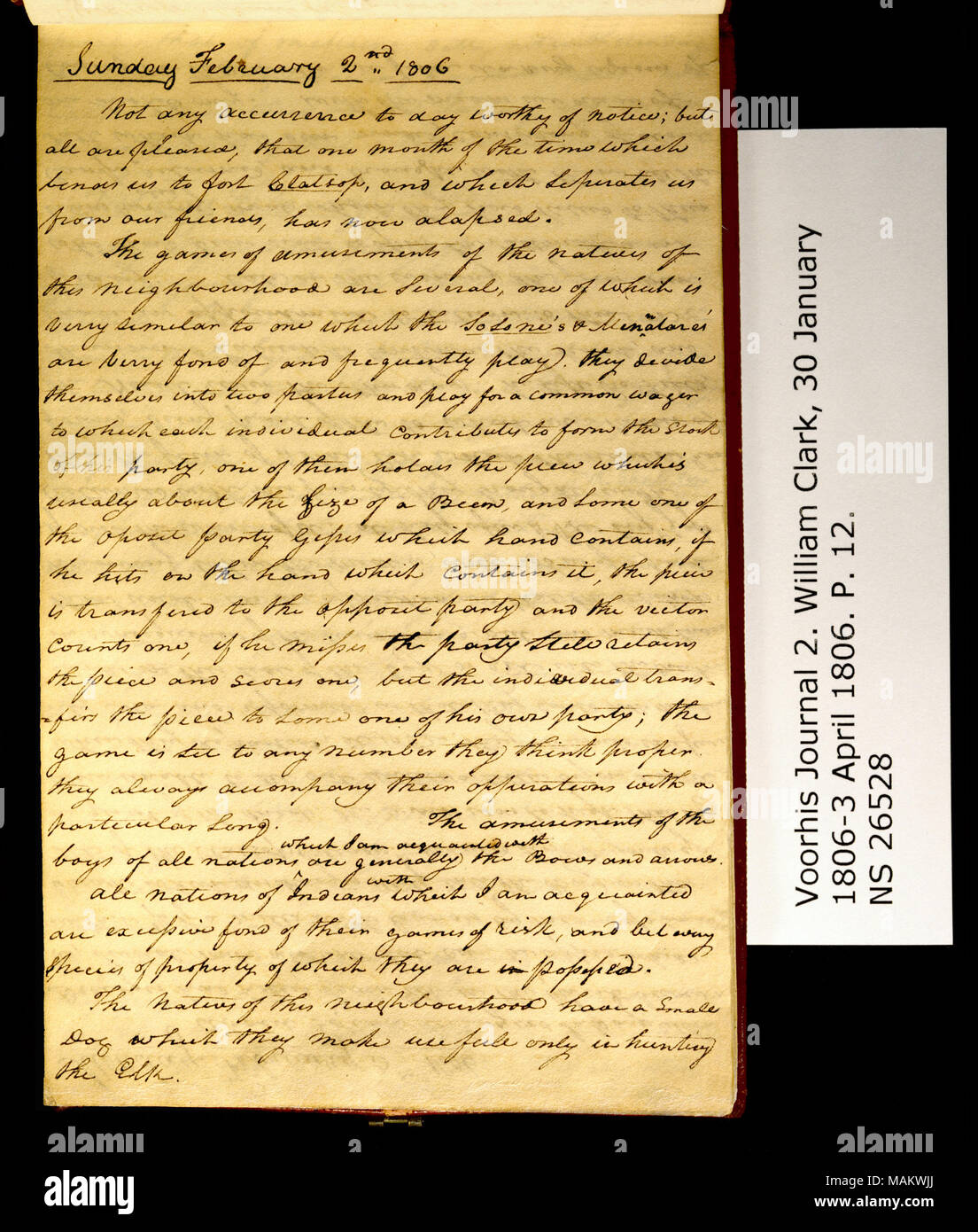 Not any accurrence to day worthy of notice; but all are pleased. . .'  Title: Clark Family Collection: Volume 2. Voorhis Journal No. 2, page 12,  February 2, 1806 . 2 February 1806. Clark, William, 1770-1838 Stock Photo -  Alamy